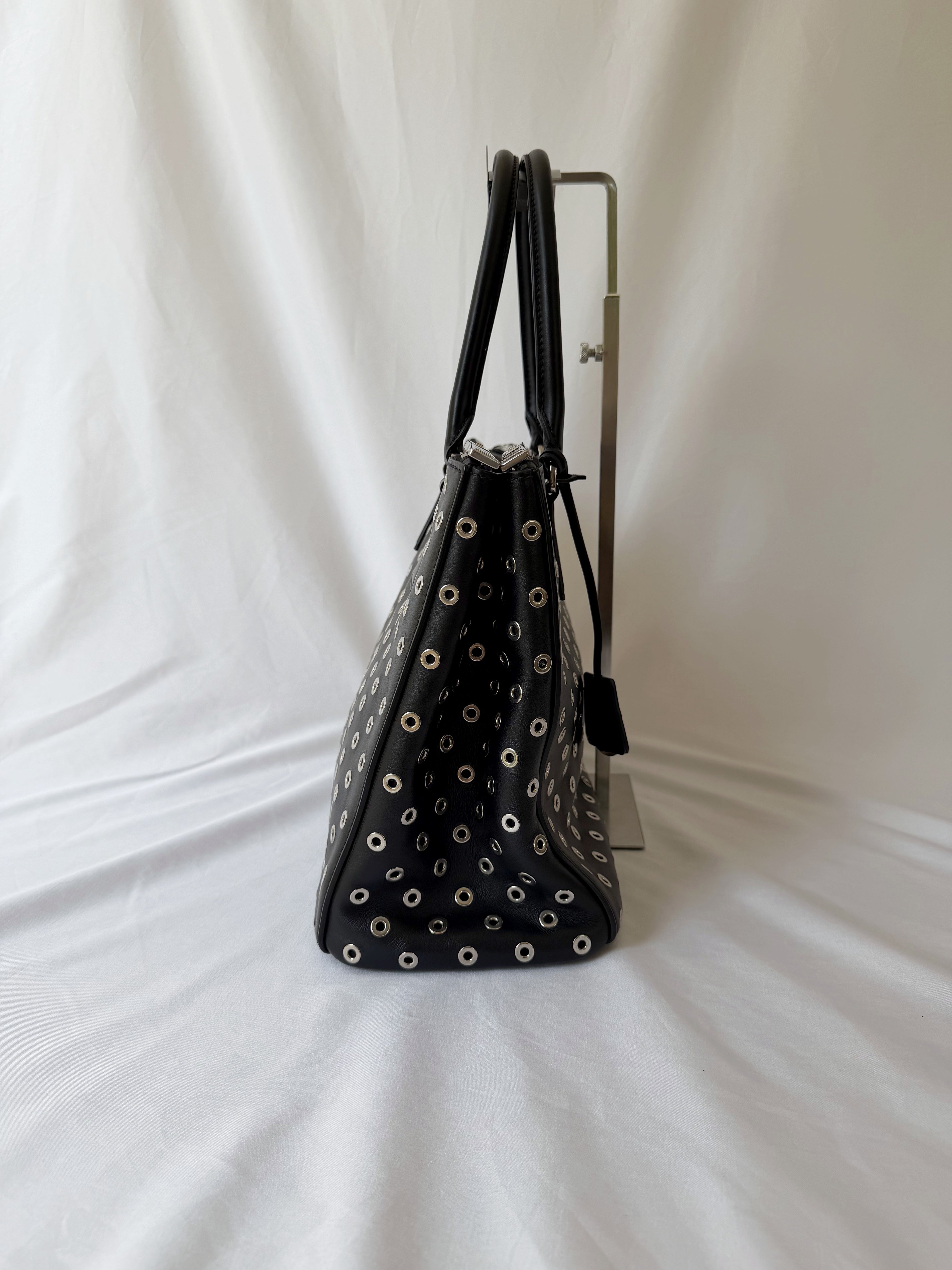 Prada Galleria Eyelet Tote in Black Calfskin with Metal Eyelets