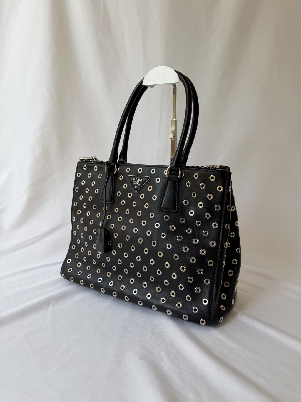 Prada Galleria Eyelet Tote in Black Calfskin with Metal Eyelets