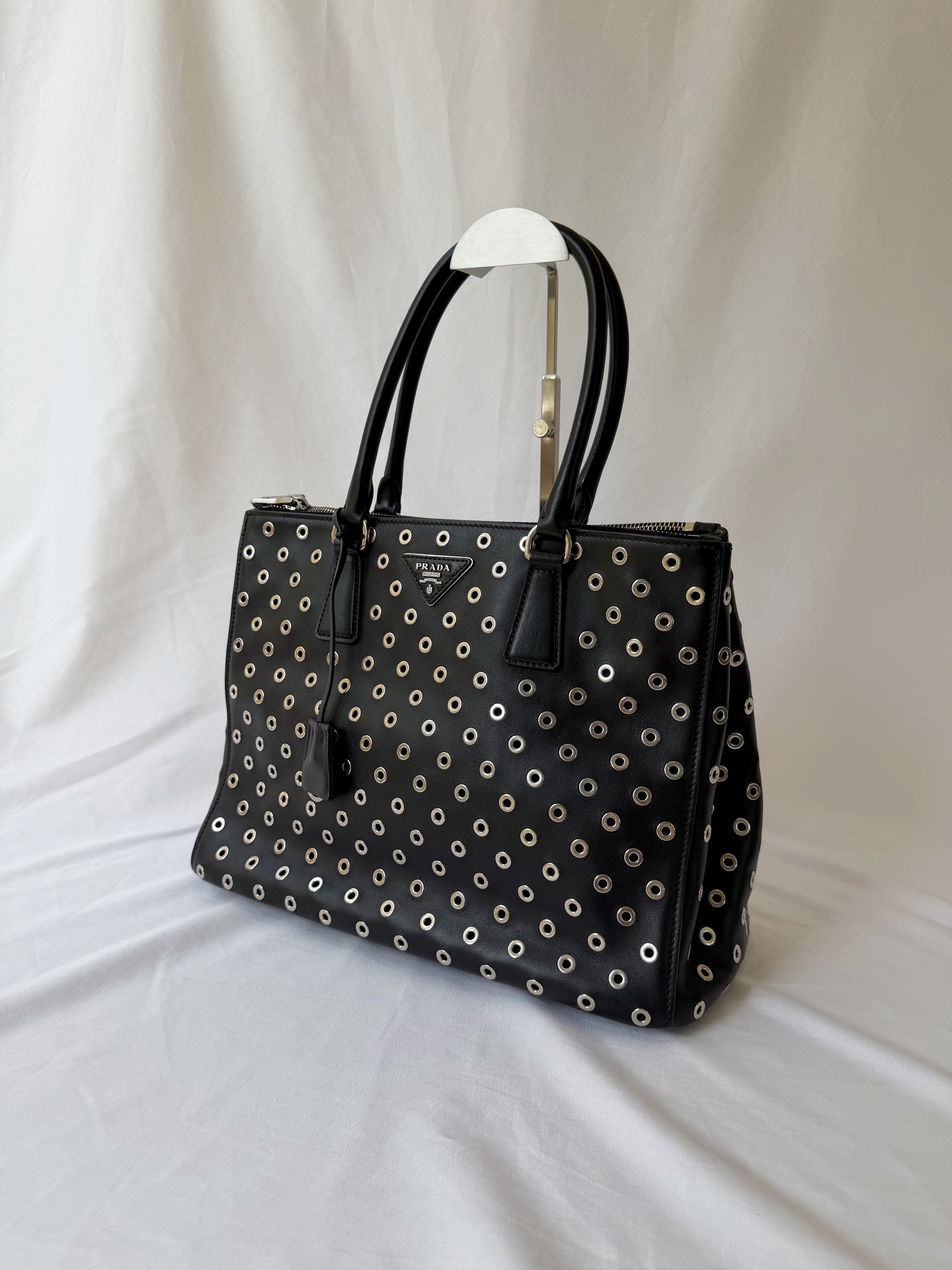 Prada Galleria Eyelet Tote in Black Calfskin with Metal Eyelets