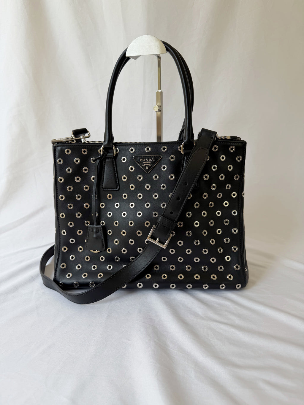 Prada Galleria Eyelet Tote in Black Calfskin with Metal Eyelets