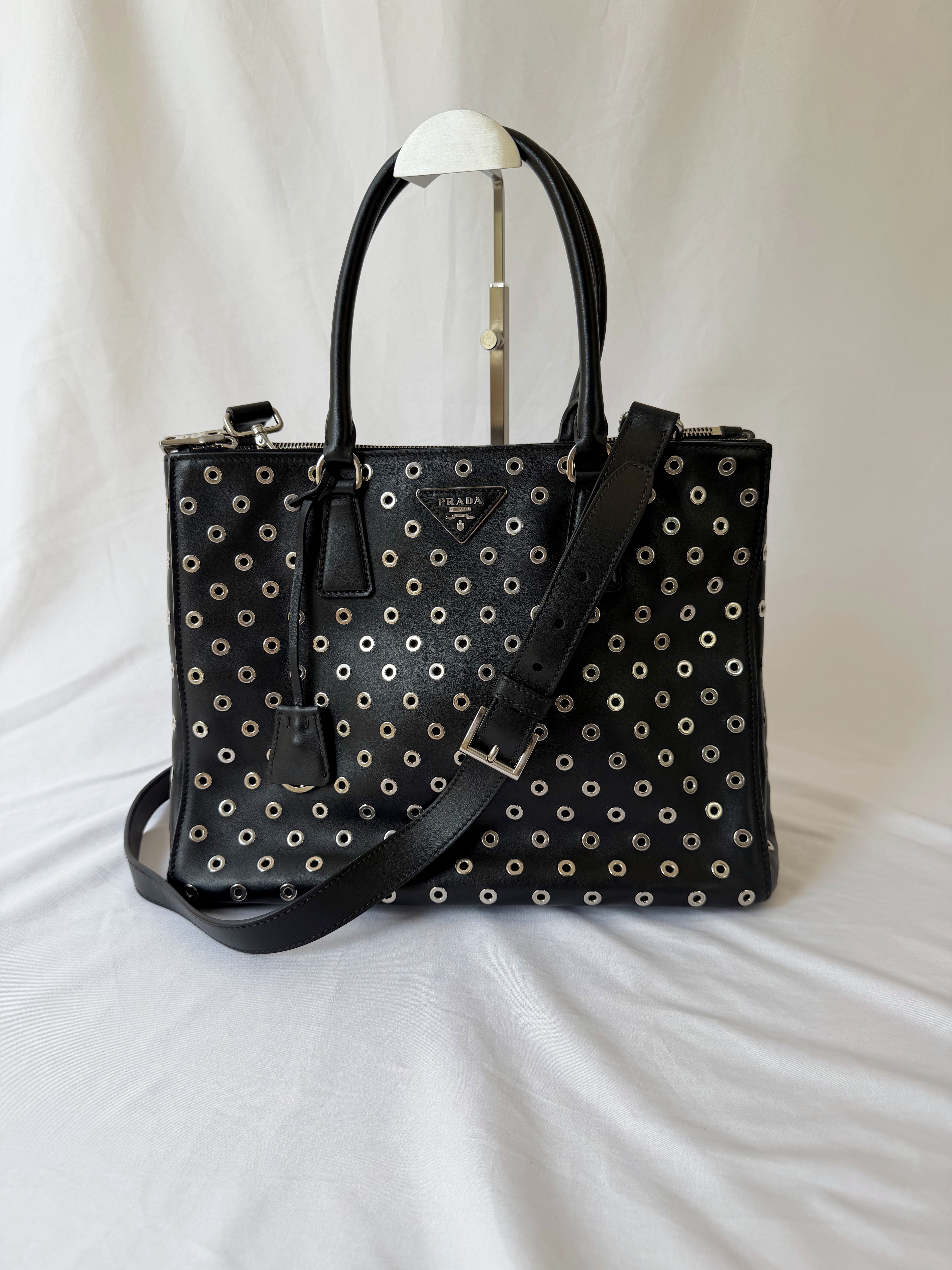 Prada Galleria Eyelet Tote in Black Calfskin with Metal Eyelets