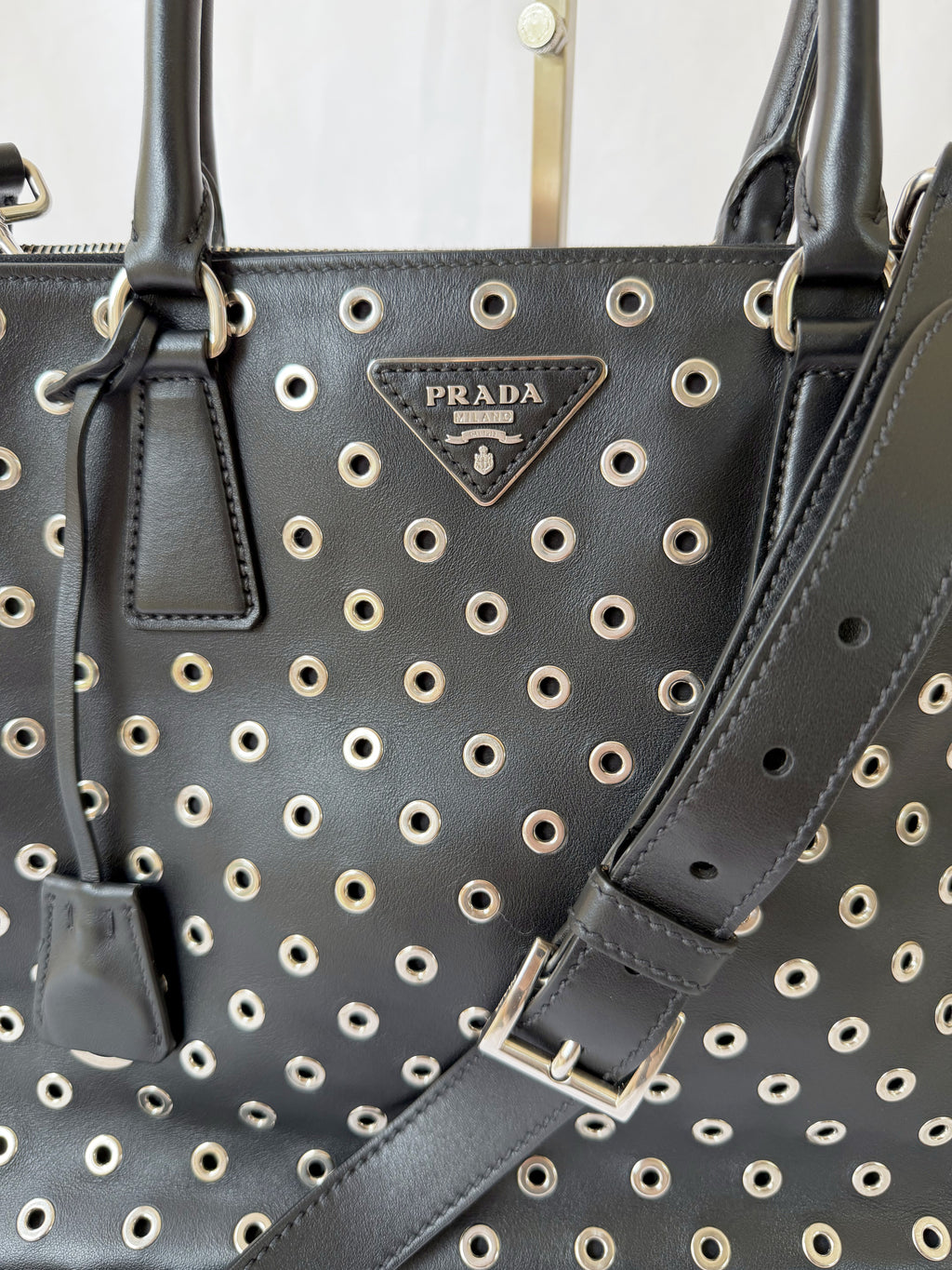 Prada Galleria Eyelet Tote in Black Calfskin with Metal Eyelets