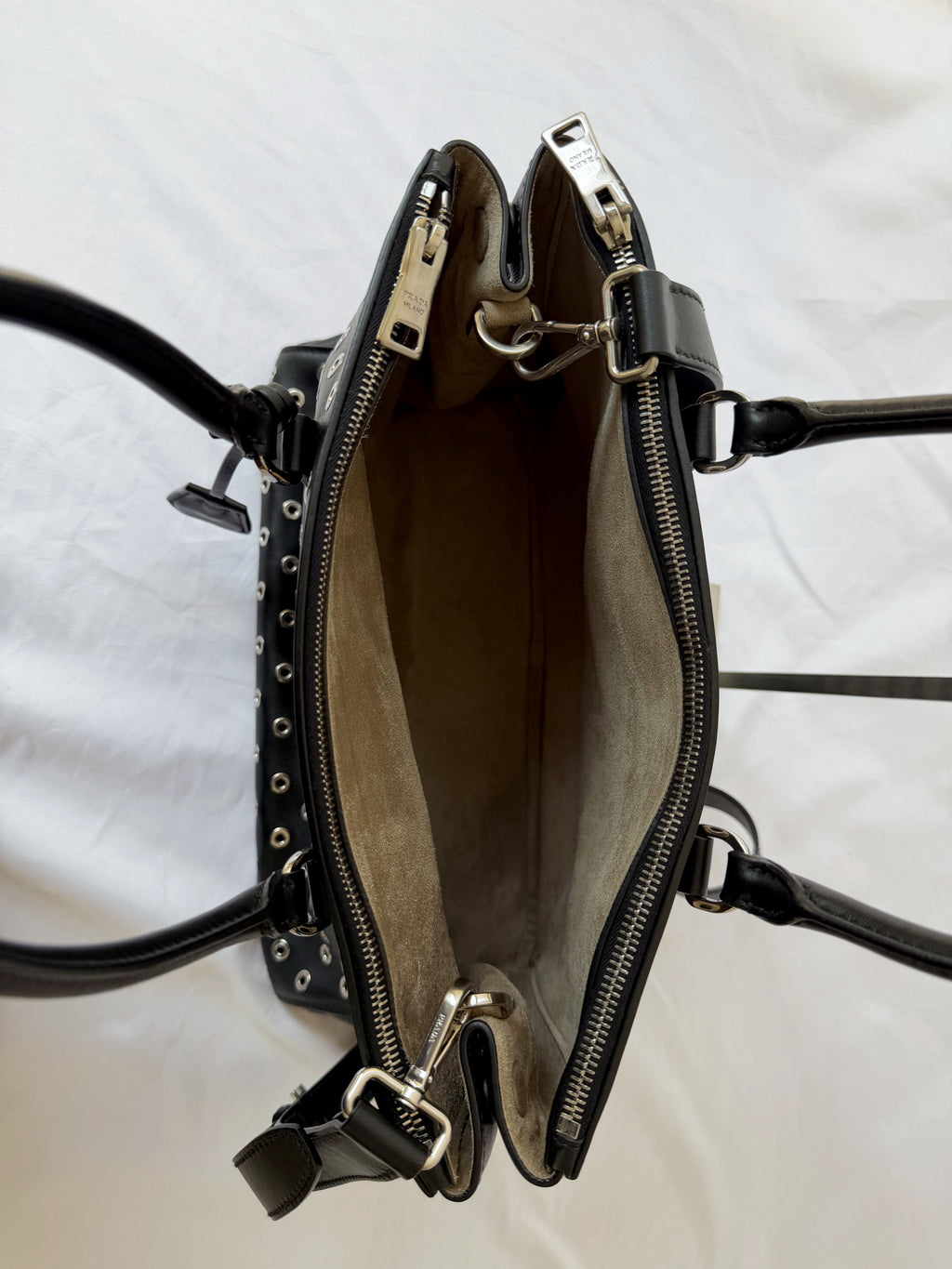 Prada Galleria Eyelet Tote in Black Calfskin with Metal Eyelets
