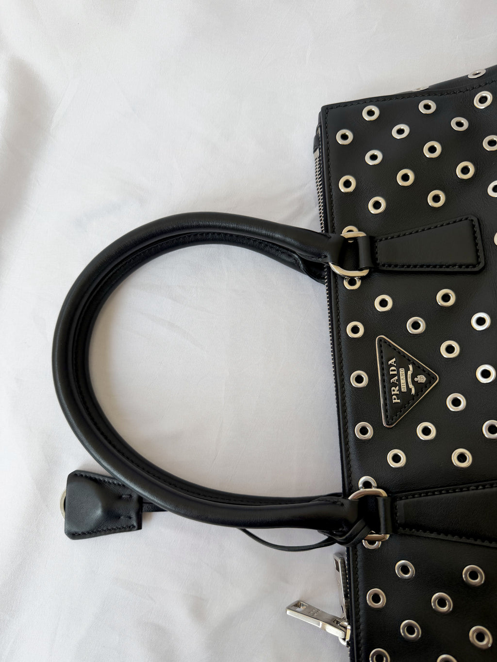 Prada Galleria Eyelet Tote in Black Calfskin with Metal Eyelets
