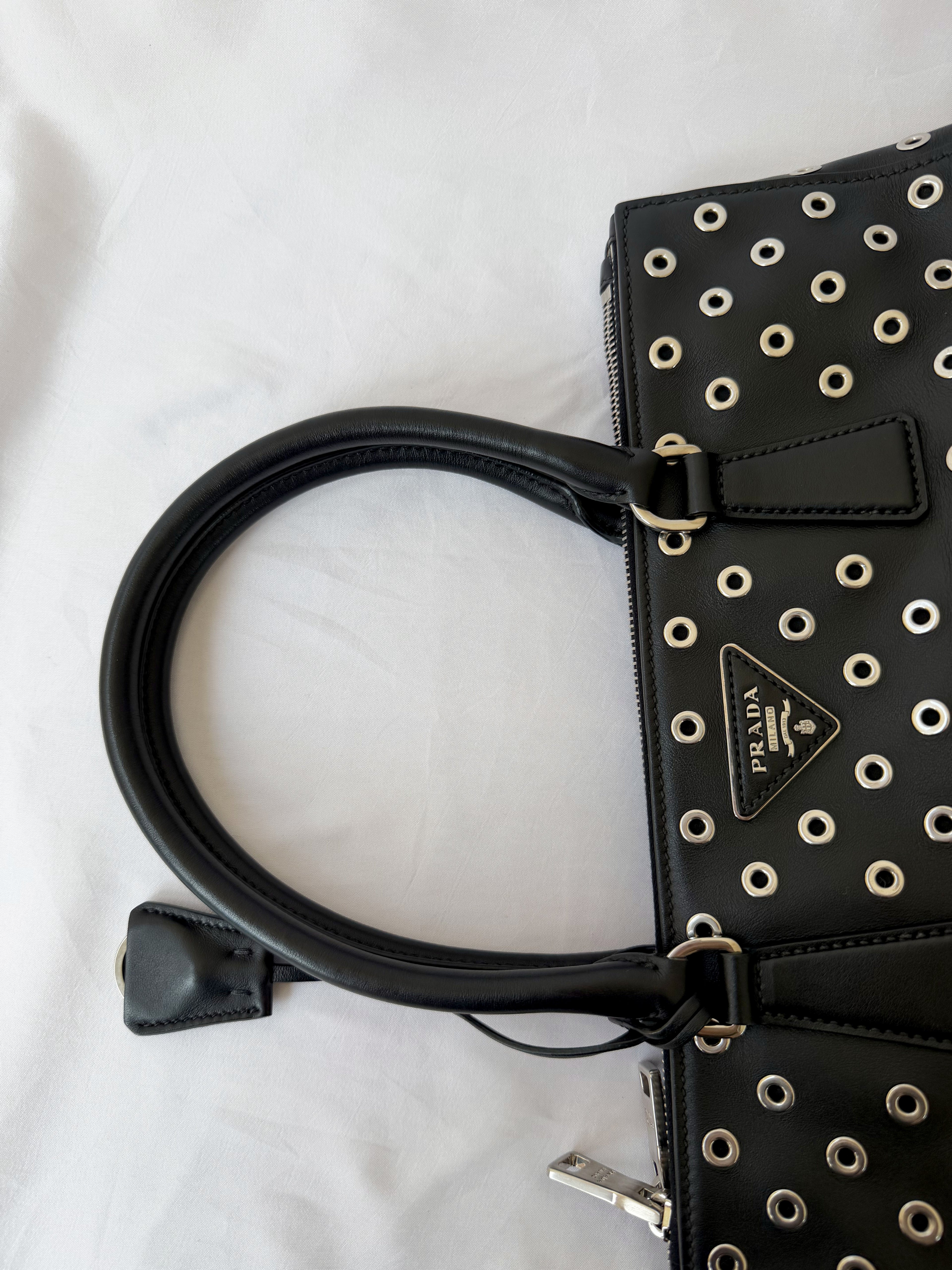 Prada Galleria Eyelet Tote in Black Calfskin with Metal Eyelets