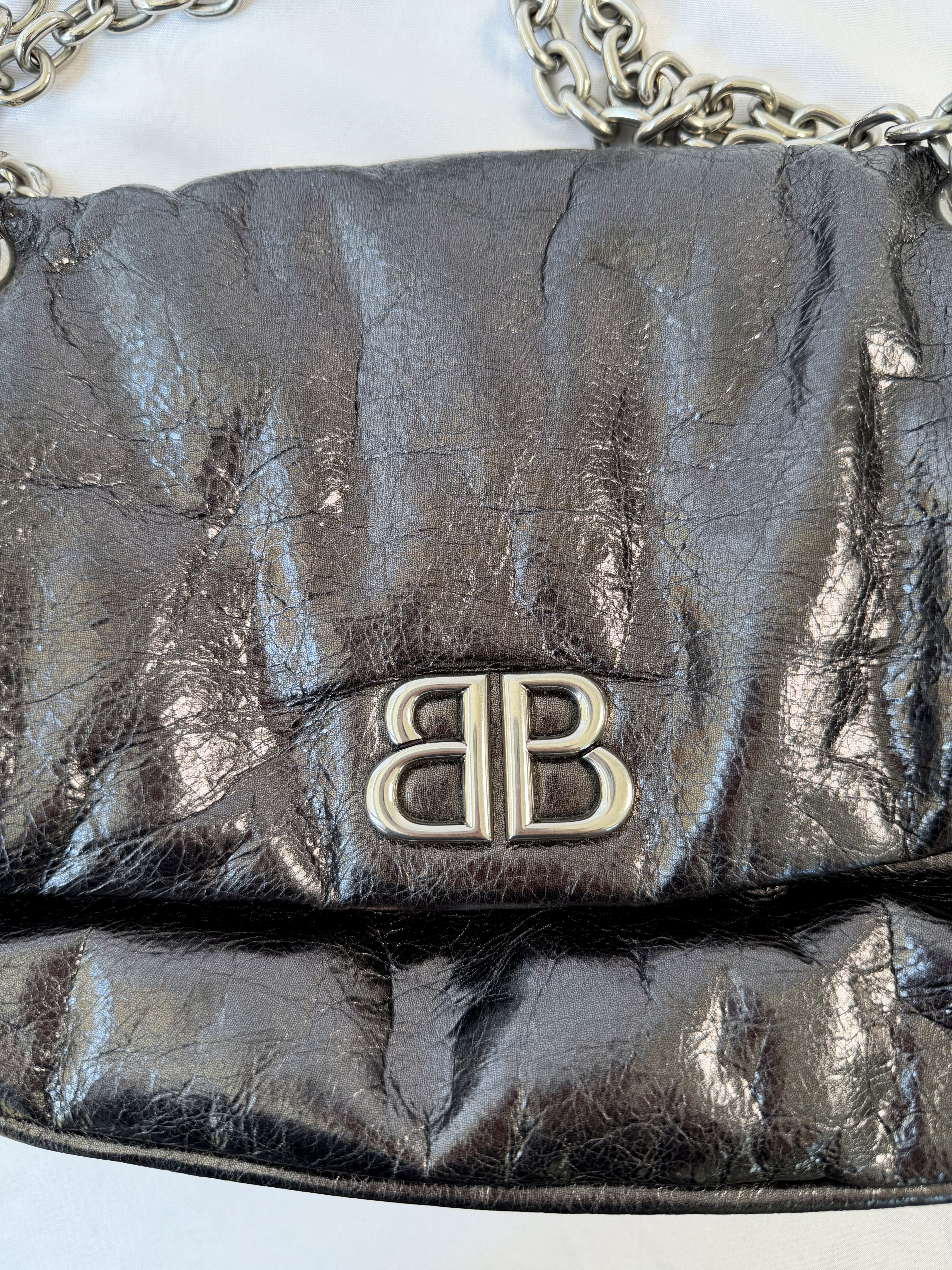 Balenciaga Monaco Medium Chain Bag in Metallic Anthracite/Gunmetal, Crinkled Metallic Leather