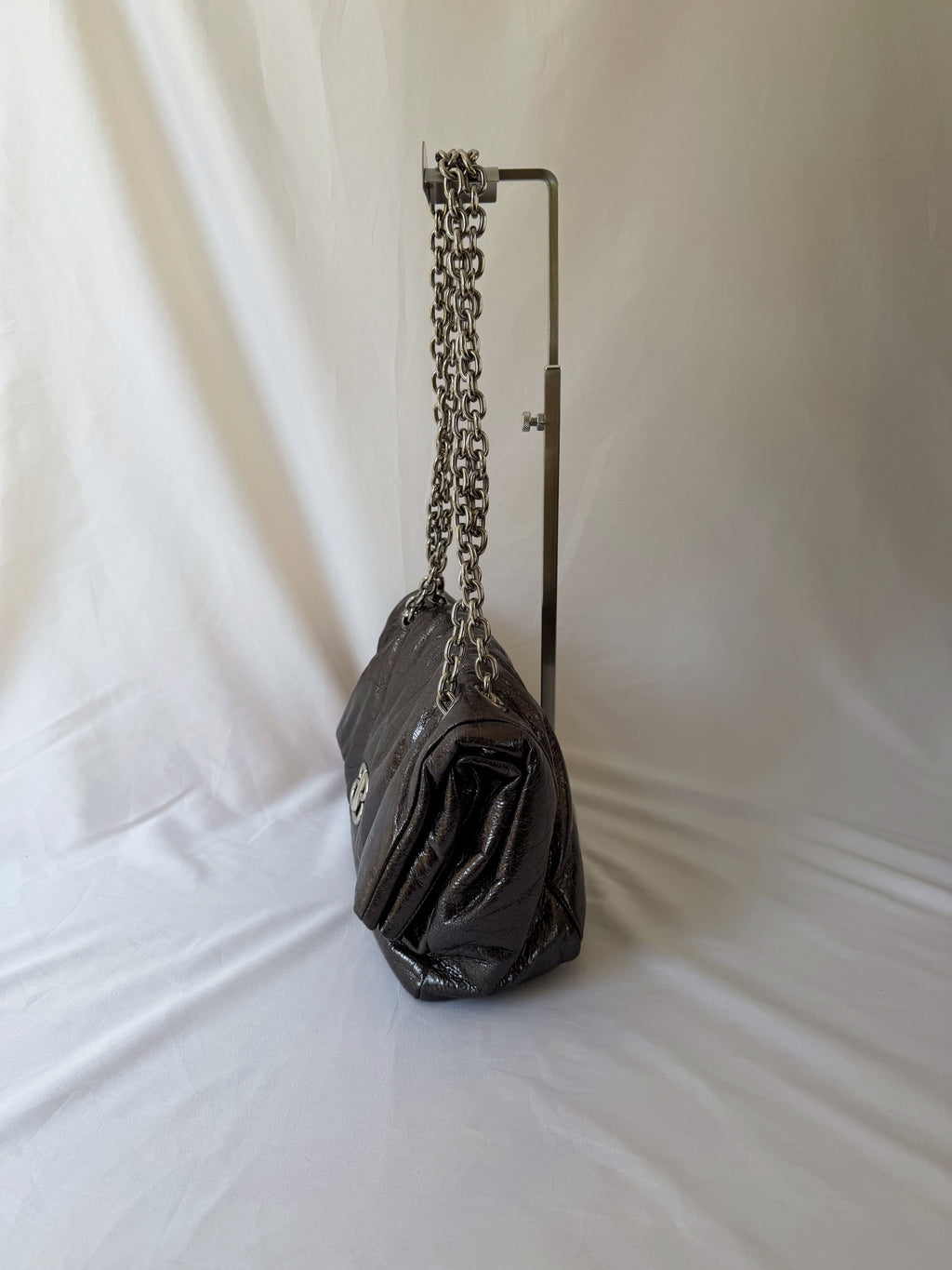 Balenciaga Monaco Medium Chain Bag in Metallic Anthracite/Gunmetal, Crinkled Metallic Leather