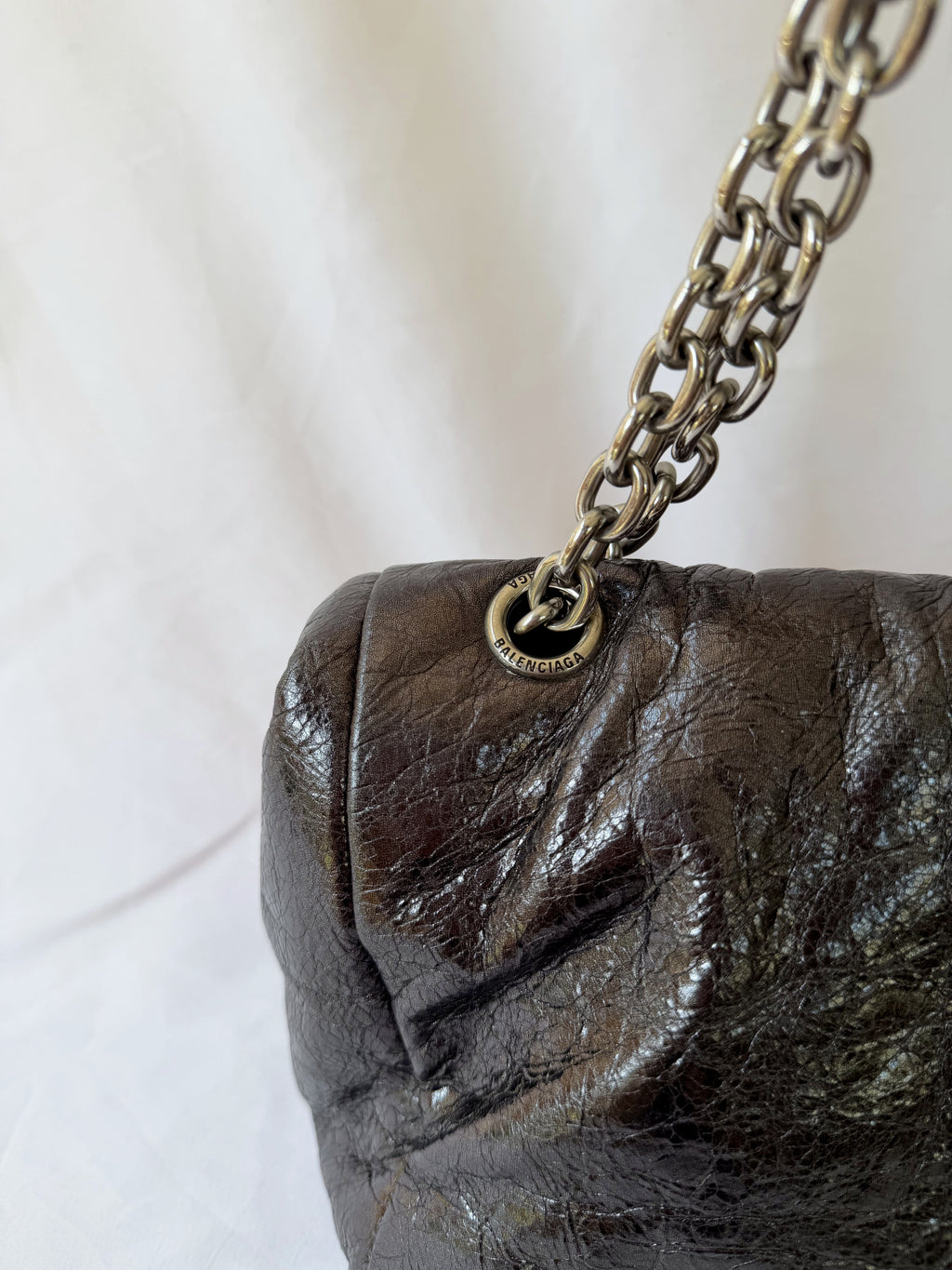 Balenciaga Monaco Medium Chain Bag in Metallic Anthracite/Gunmetal, Crinkled Metallic Leather