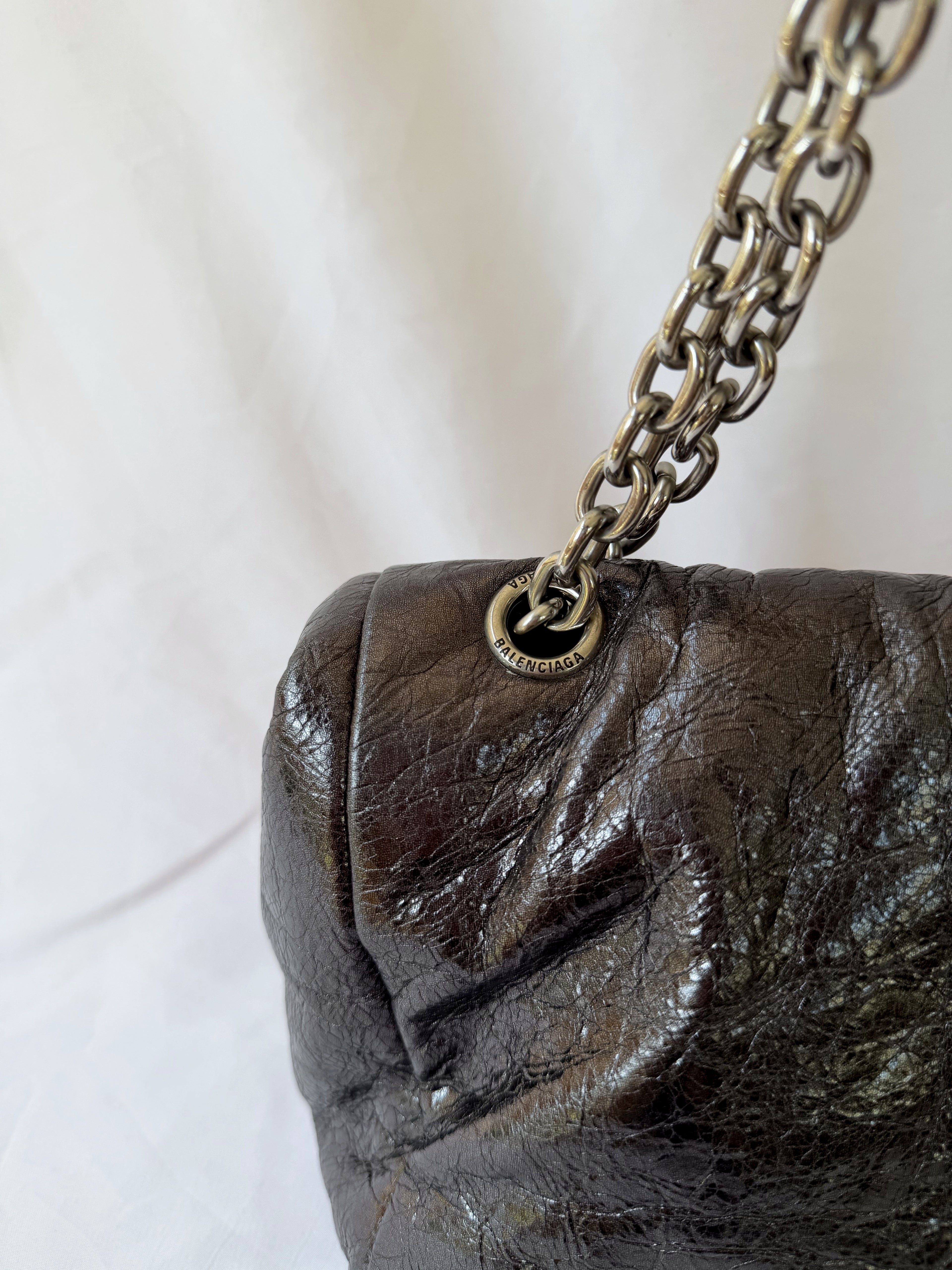 Balenciaga Monaco Medium Chain Bag in Metallic Anthracite/Gunmetal, Crinkled Metallic Leather