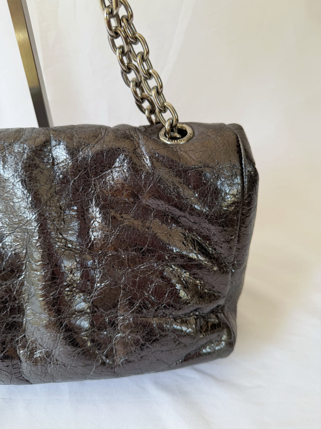 Balenciaga Monaco Medium Chain Bag in Metallic Anthracite/Gunmetal, Crinkled Metallic Leather