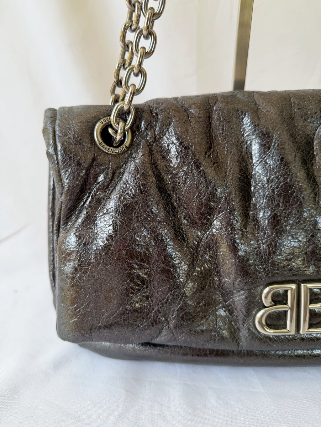 Balenciaga Monaco Medium Chain Bag in Metallic Anthracite/Gunmetal, Crinkled Metallic Leather