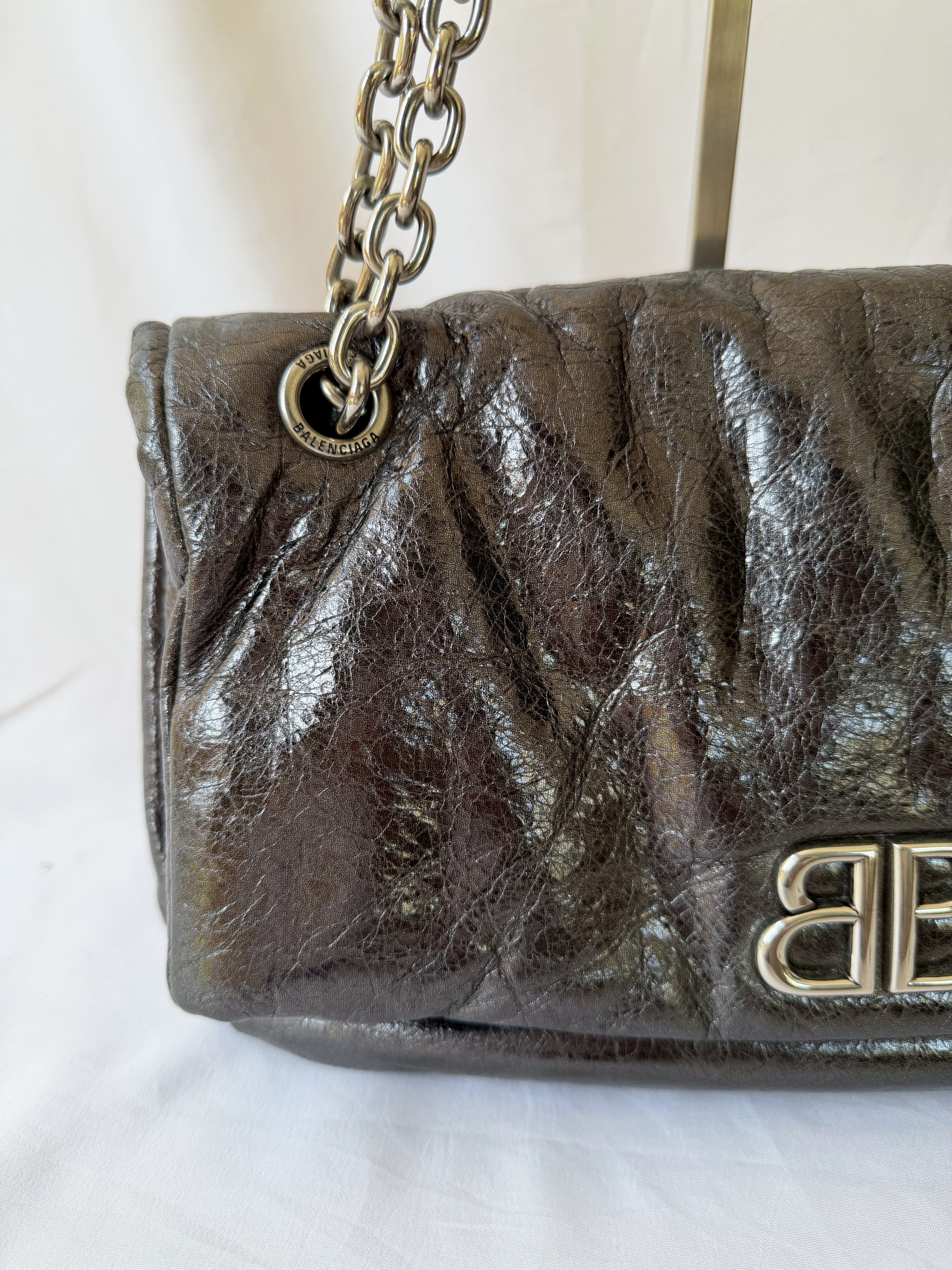 Balenciaga Monaco Medium Chain Bag in Metallic Anthracite/Gunmetal, Crinkled Metallic Leather