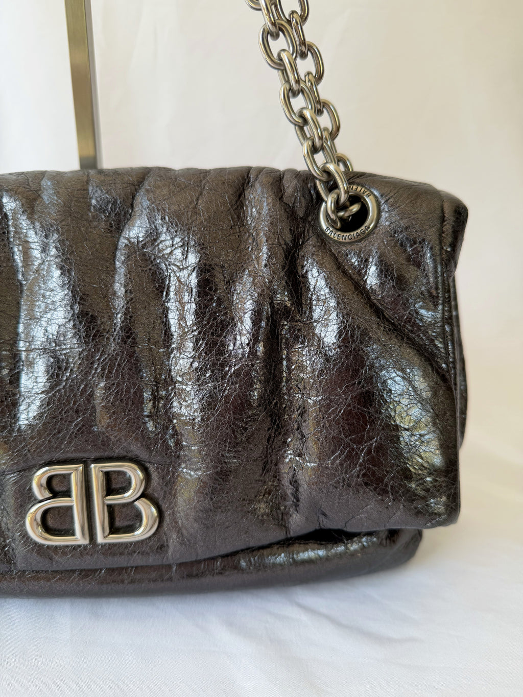 Balenciaga Monaco Medium Chain Bag in Metallic Anthracite/Gunmetal, Crinkled Metallic Leather