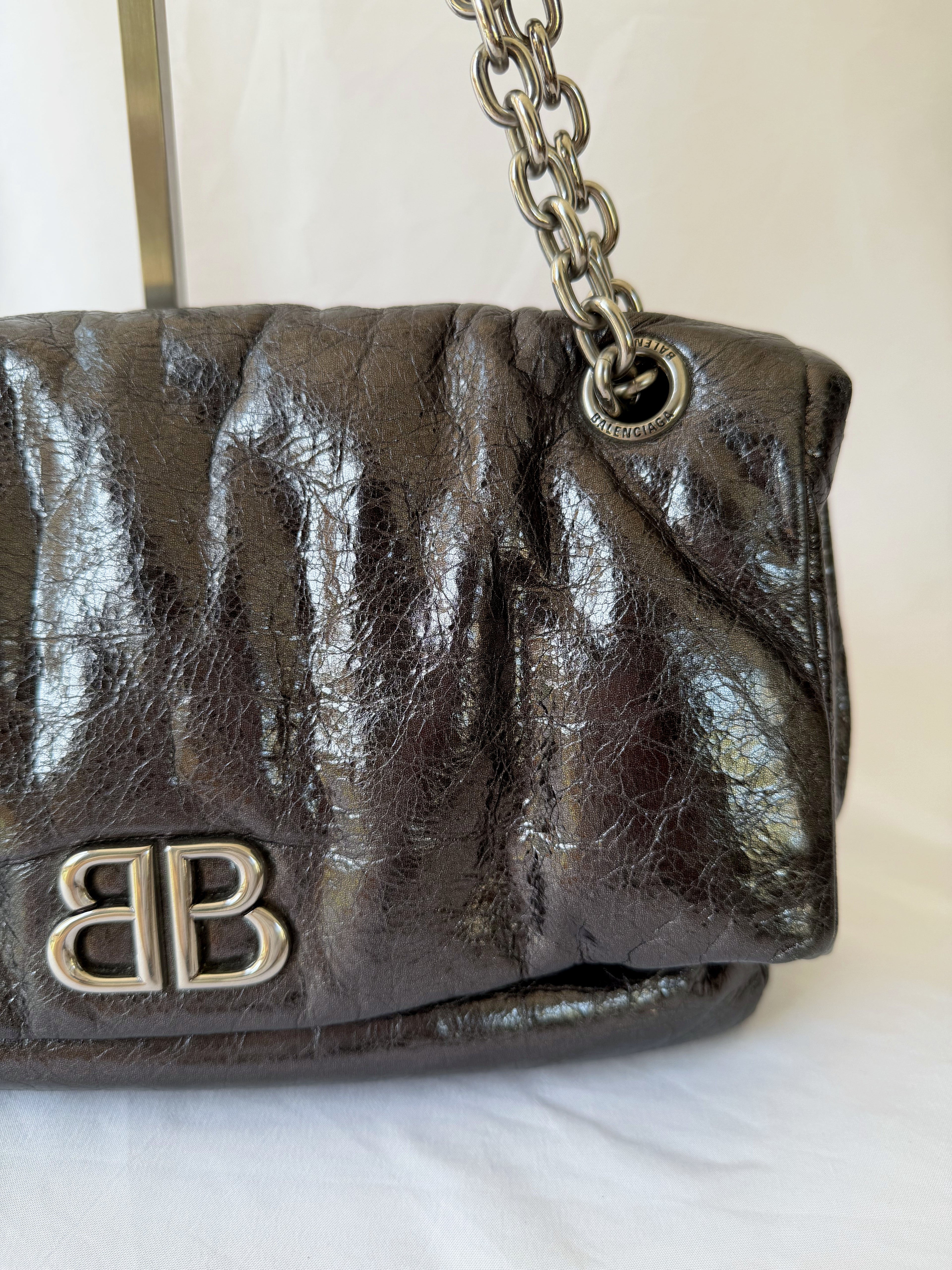 Balenciaga Monaco Medium Chain Bag in Metallic Anthracite/Gunmetal, Crinkled Metallic Leather