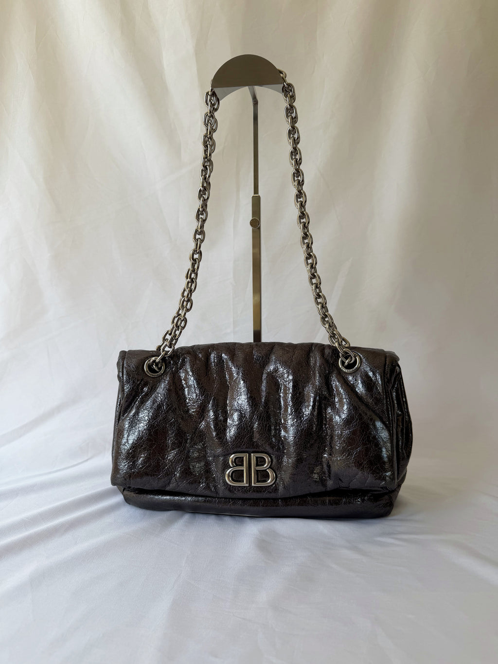 Balenciaga Monaco Medium Chain Bag in Metallic Anthracite/Gunmetal, Crinkled Metallic Leather
