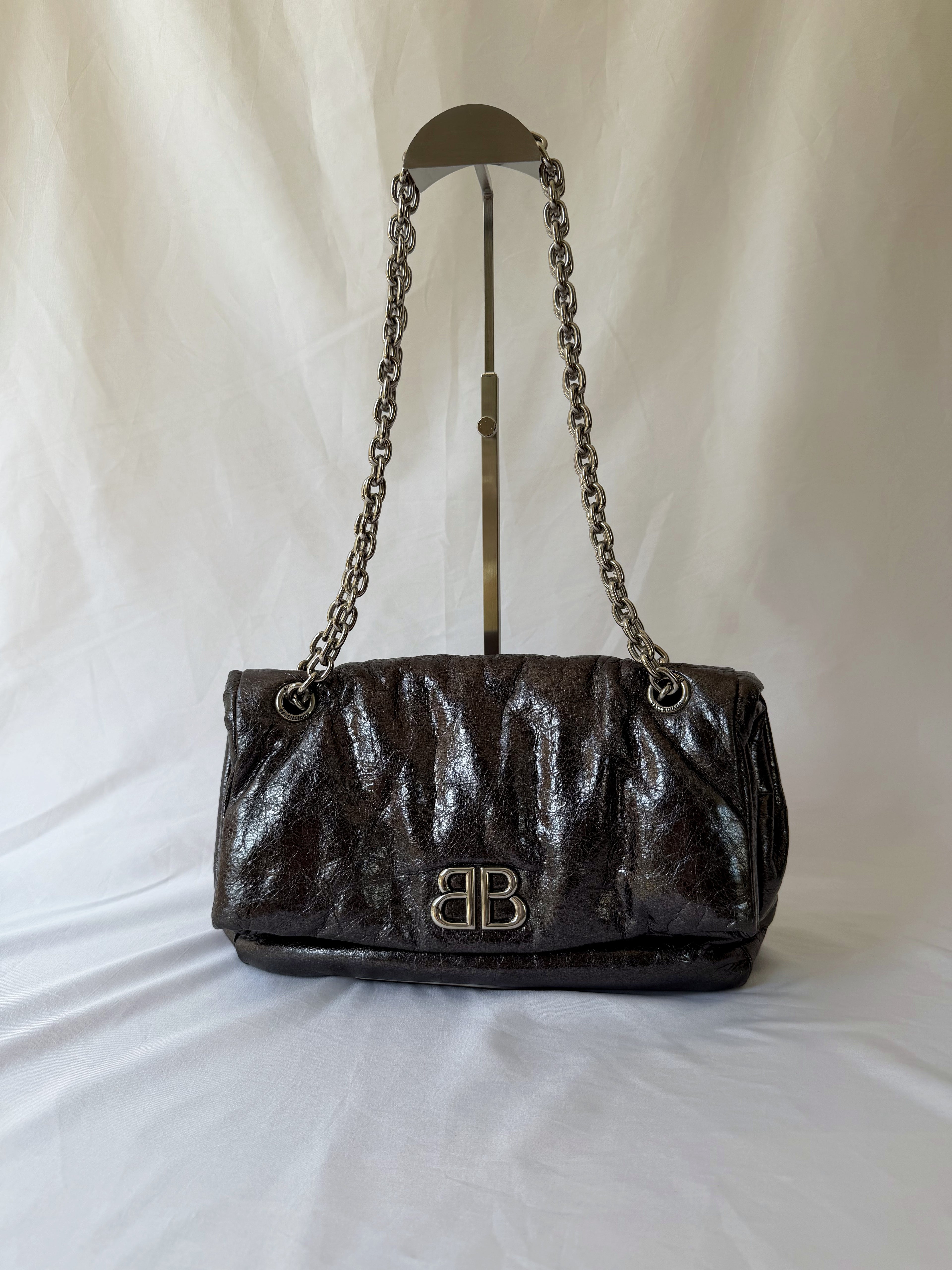 Balenciaga Monaco Medium Chain Bag in Metallic Anthracite/Gunmetal, Crinkled Metallic Leather