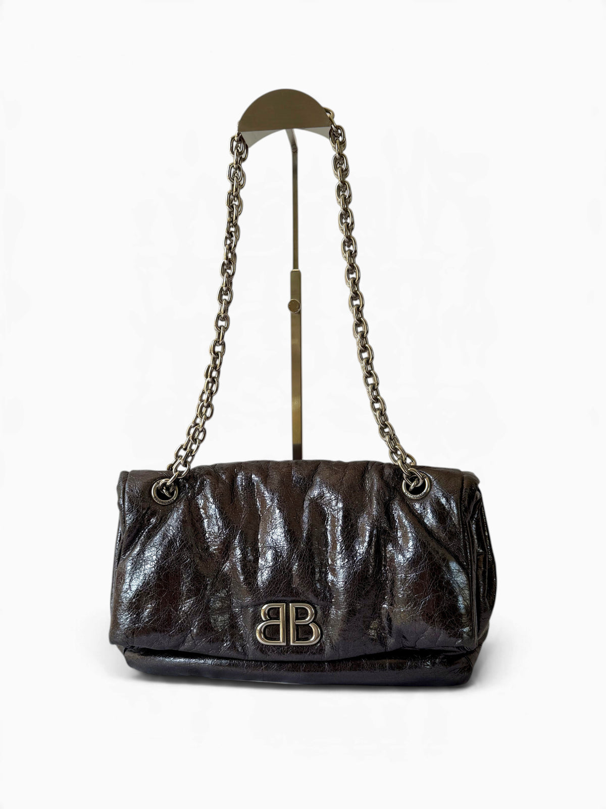 Balenciaga Monaco Medium Chain Bag in Metallic Anthracite/Gunmetal, Crinkled Metallic Leather