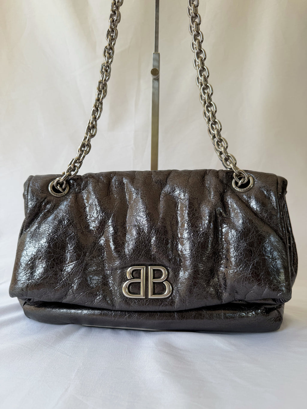 Balenciaga Monaco Medium Chain Bag in Metallic Anthracite/Gunmetal, Crinkled Metallic Leather