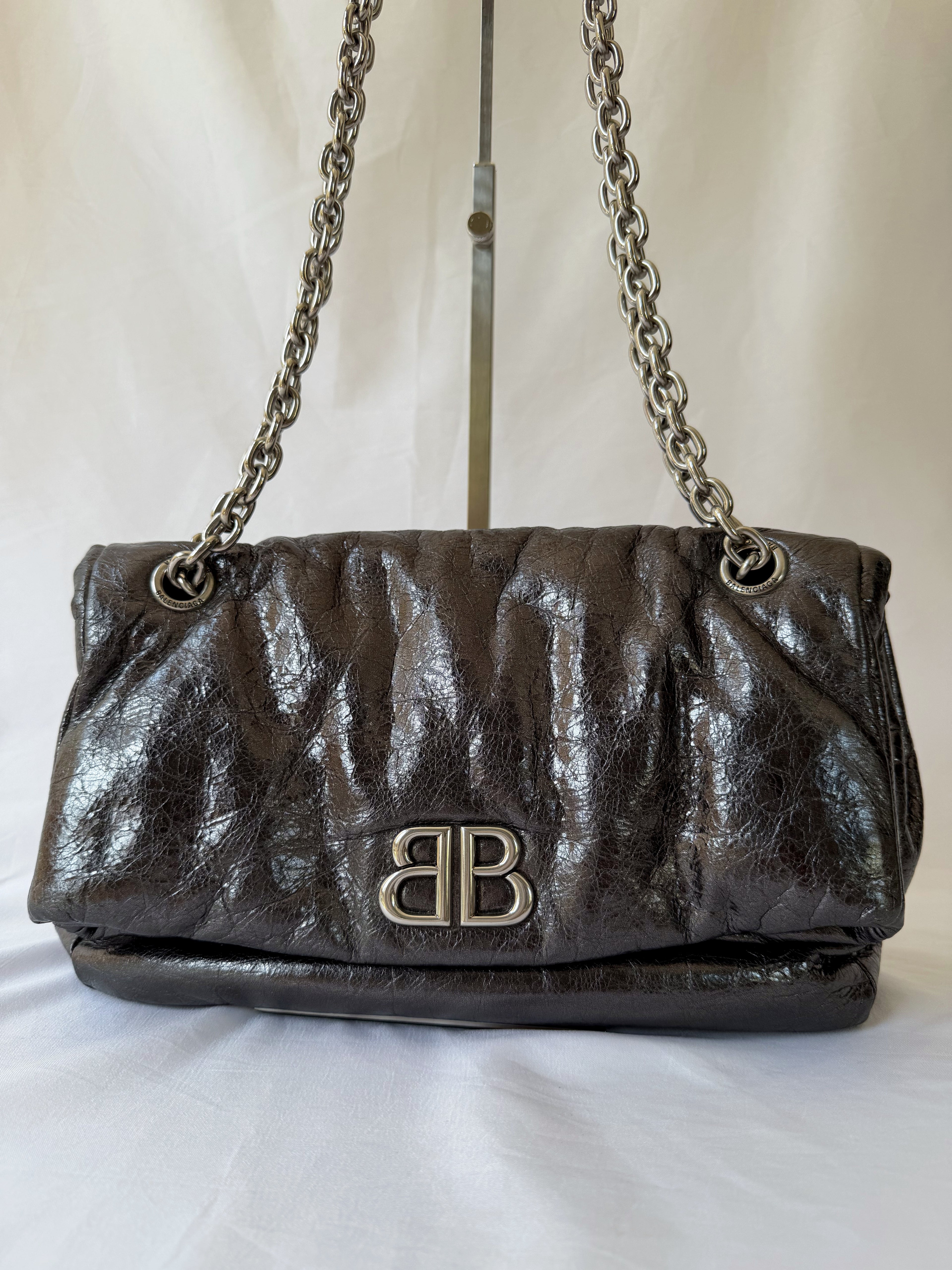 Balenciaga Monaco Medium Chain Bag in Metallic Anthracite/Gunmetal, Crinkled Metallic Leather