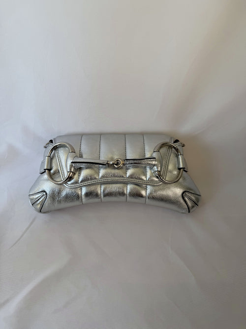 Gucci Horsebit 1955 Chain Shoulder Bag in Metallic Silver, Quilted Leather