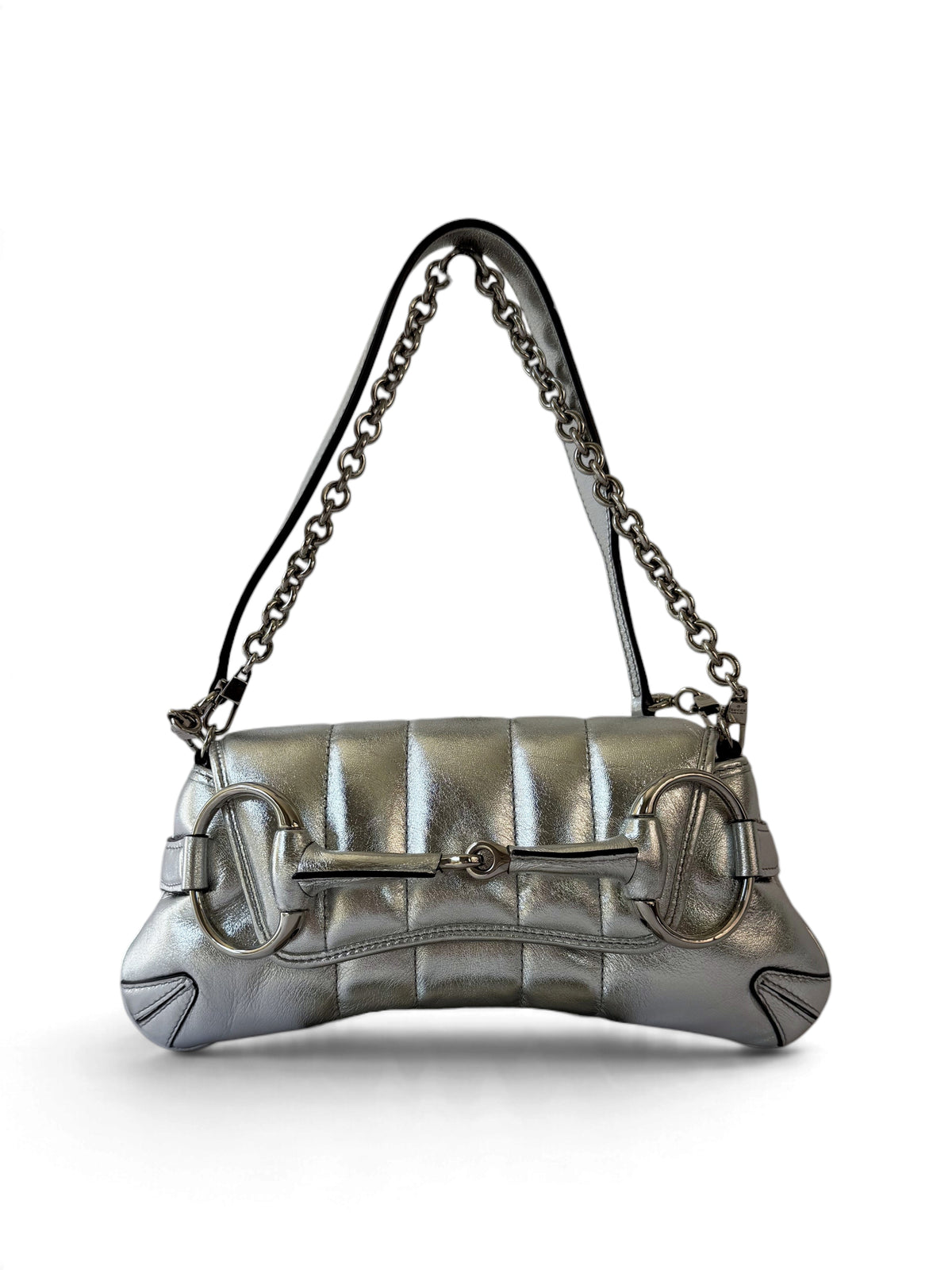 Gucci Horsebit 1955 Chain Shoulder Bag in Metallic Silver, Quilted Leather