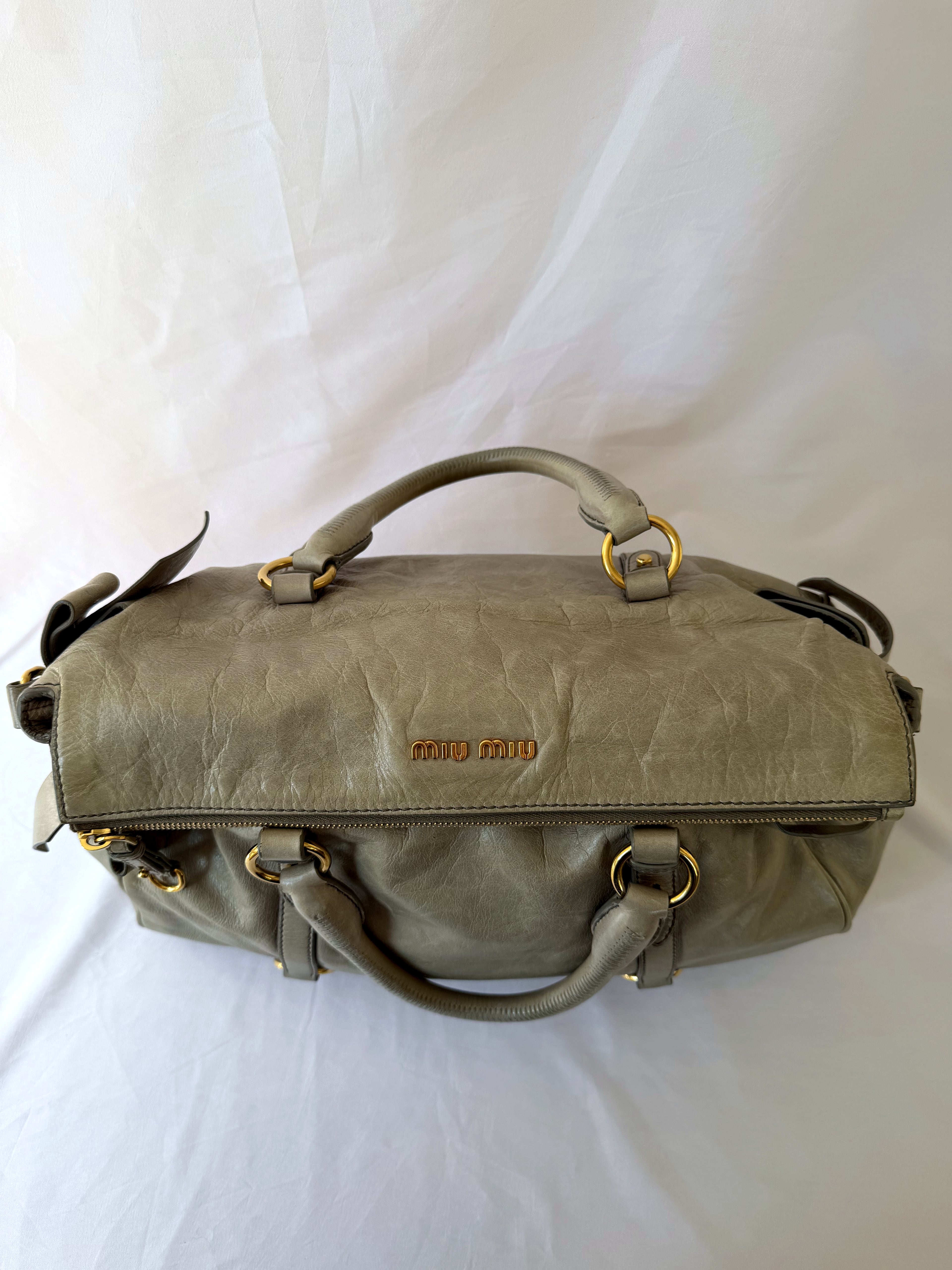 Miu Miu Vitello Lux Satchel in Greige/Taupe