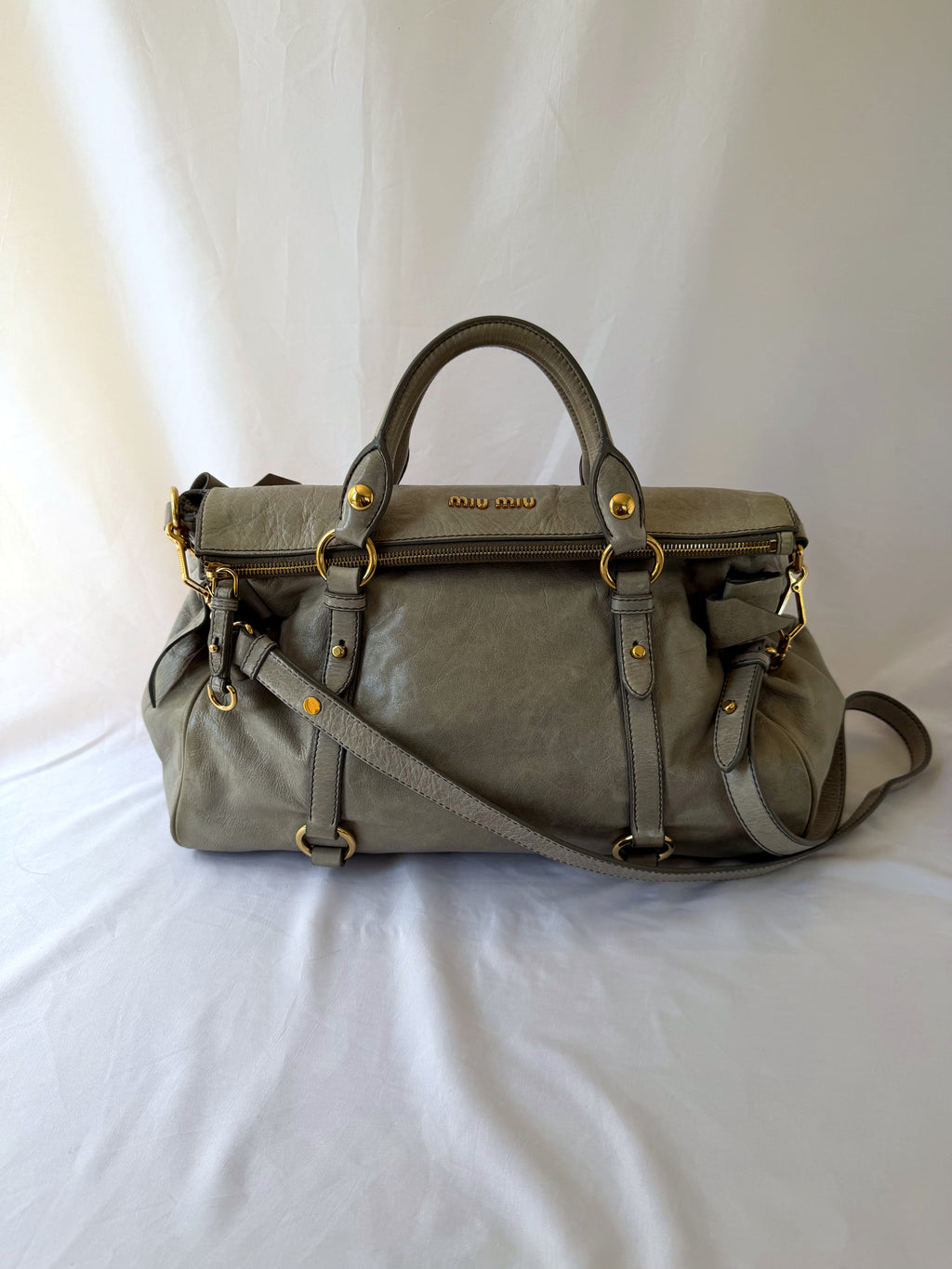 Miu Miu Vitello Lux Satchel in Greige/Taupe