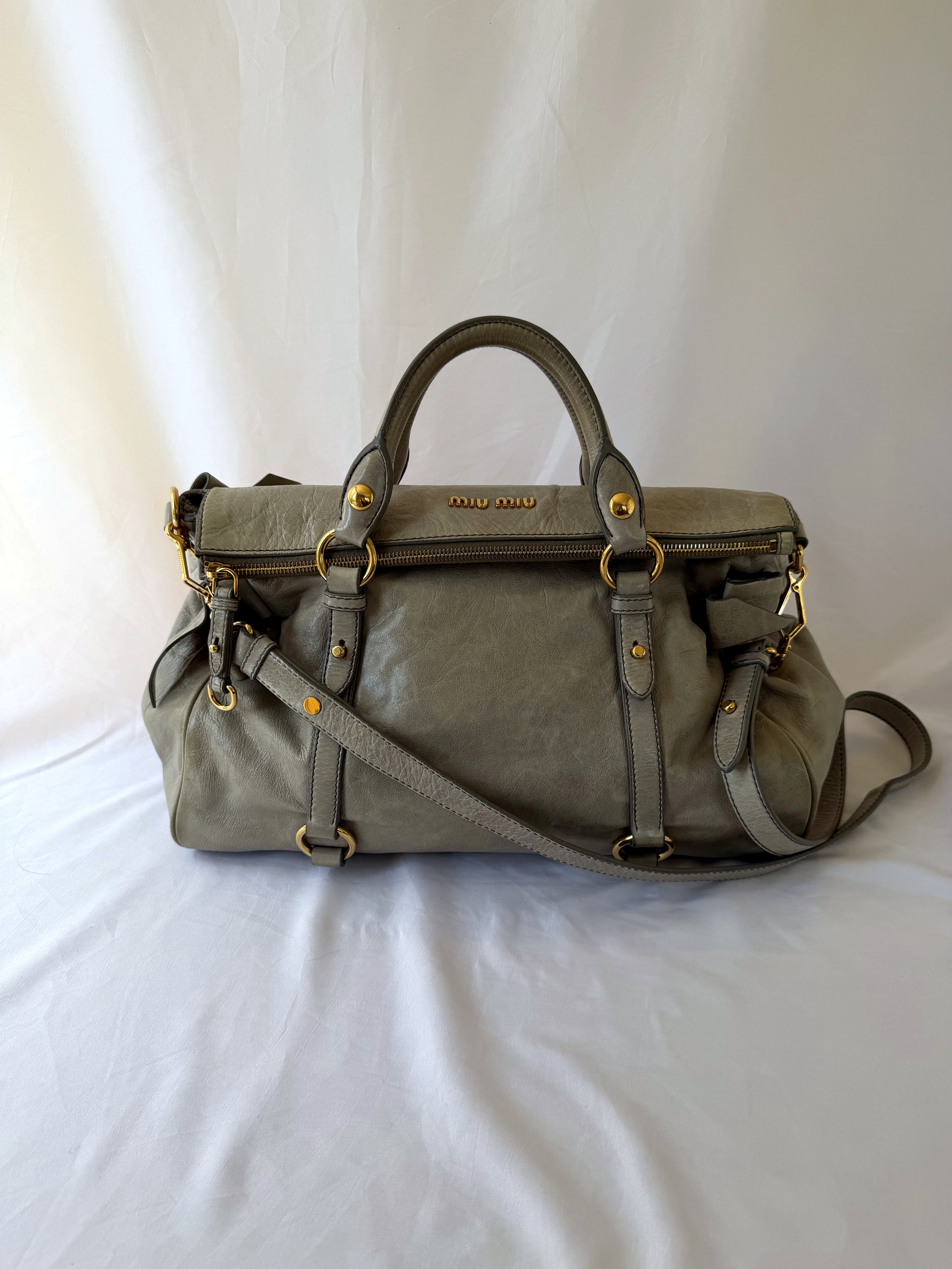 Miu Miu Vitello Lux Satchel in Greige/Taupe