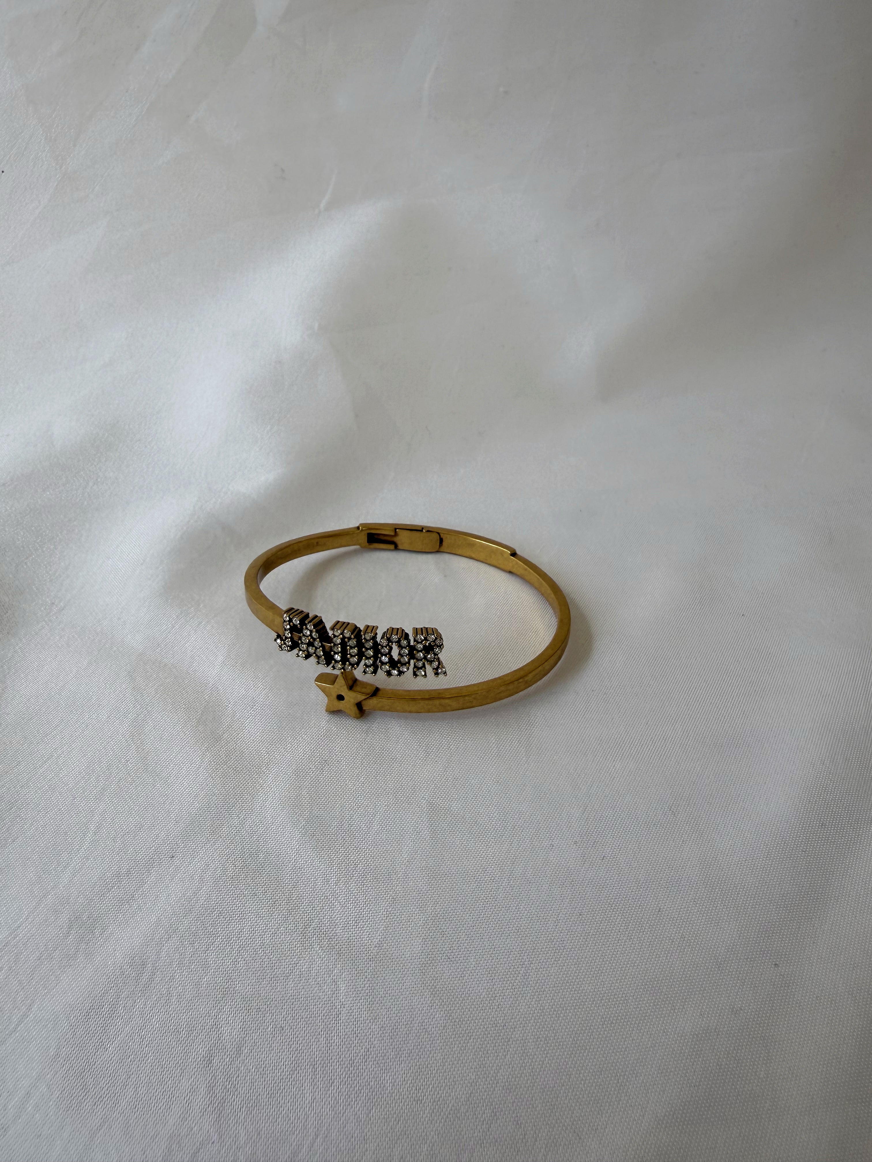 Christian Dior "J'Adior" Bangle Bracelet in Antique Gold-Tone, Crystal Embellished