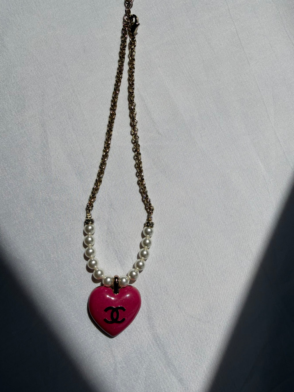 Chanel Pink Heart Pendant Necklace with Faux Pearl & Crystal, 2023