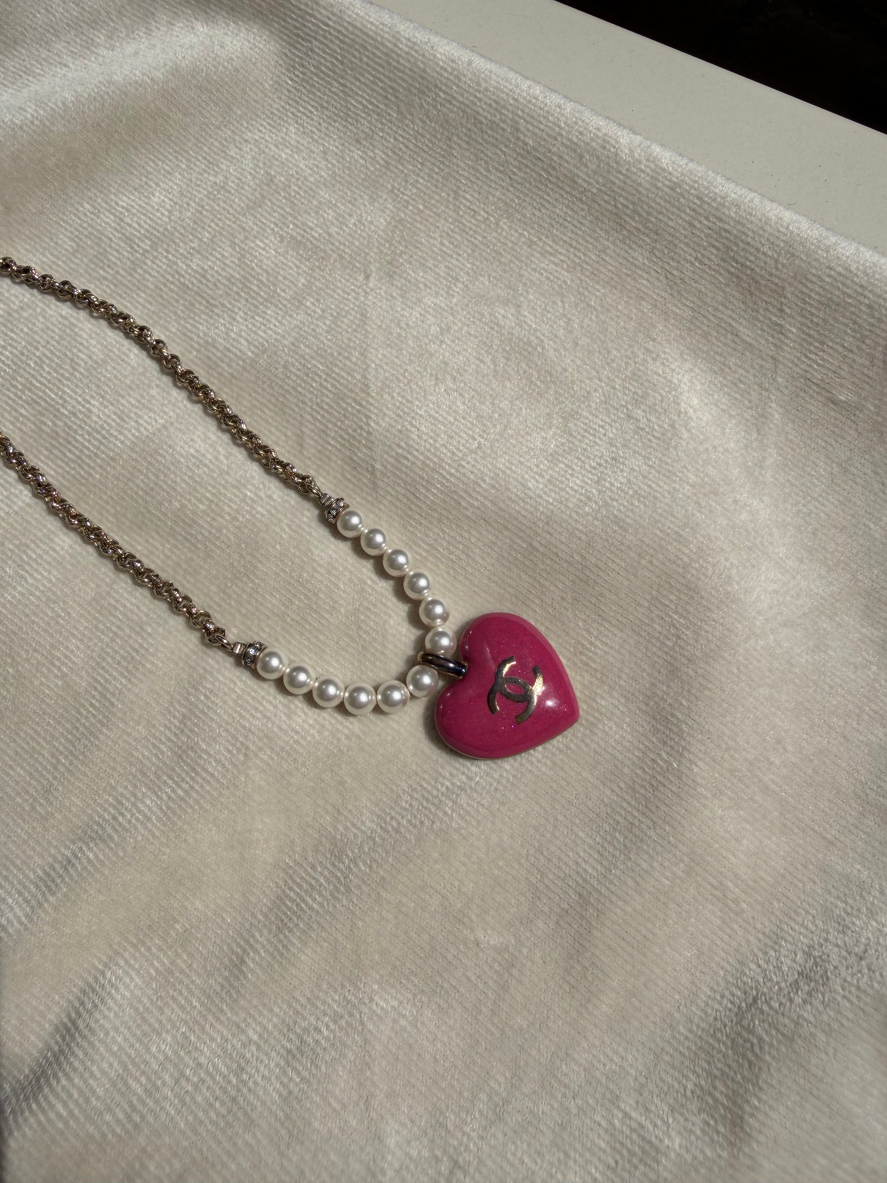 Chanel Pink Heart Pendant Necklace with Faux Pearl & Crystal, 2023