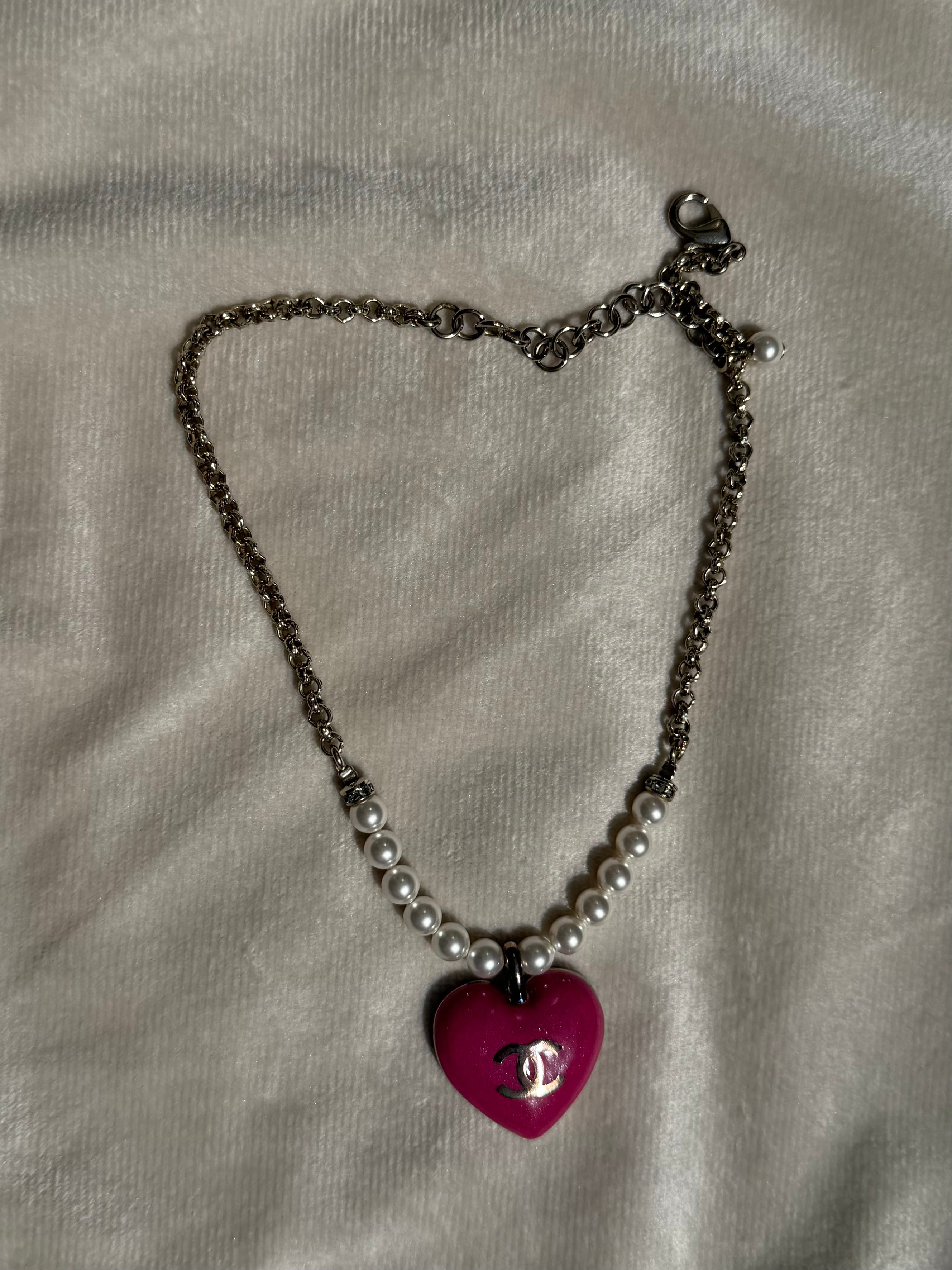 Chanel Pink Heart Pendant Necklace with Faux Pearl & Crystal, 2023