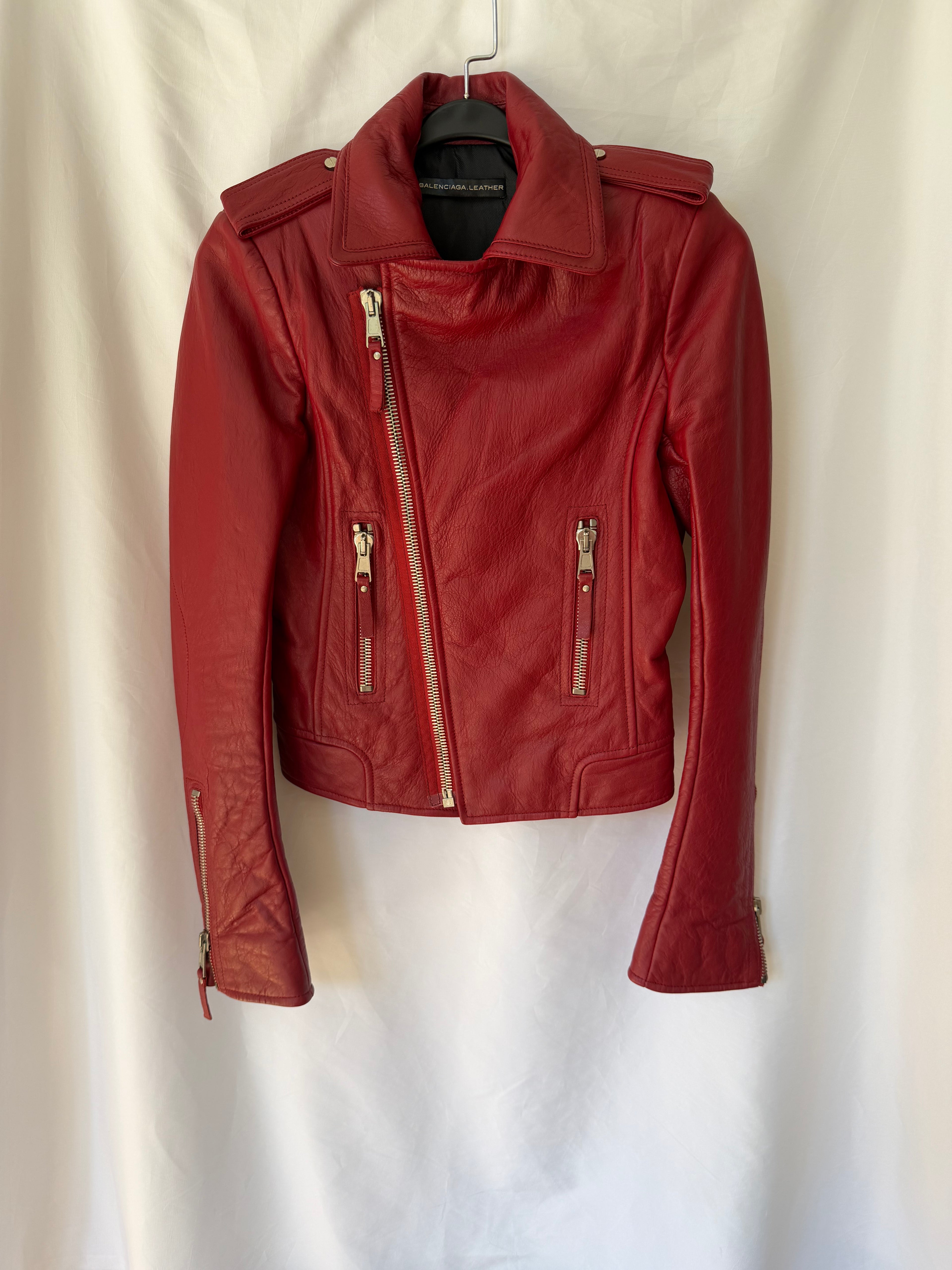 Balenciaga Red Leather Biker Jacket Size36
