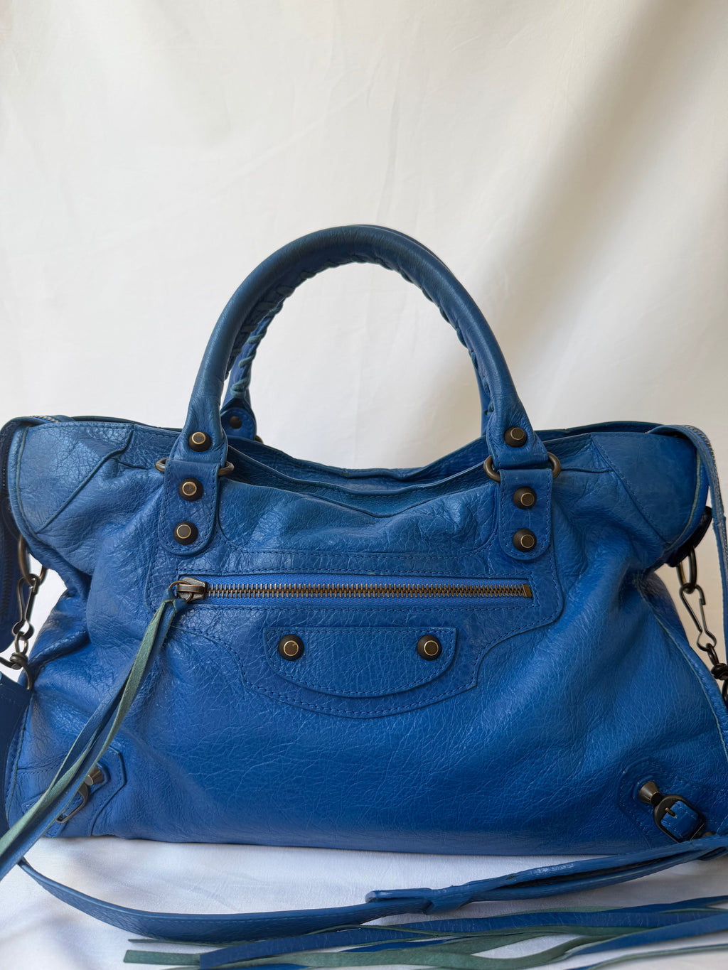 Balenciaga City Bag Medium in Blue Lambskin with Brass Hardware