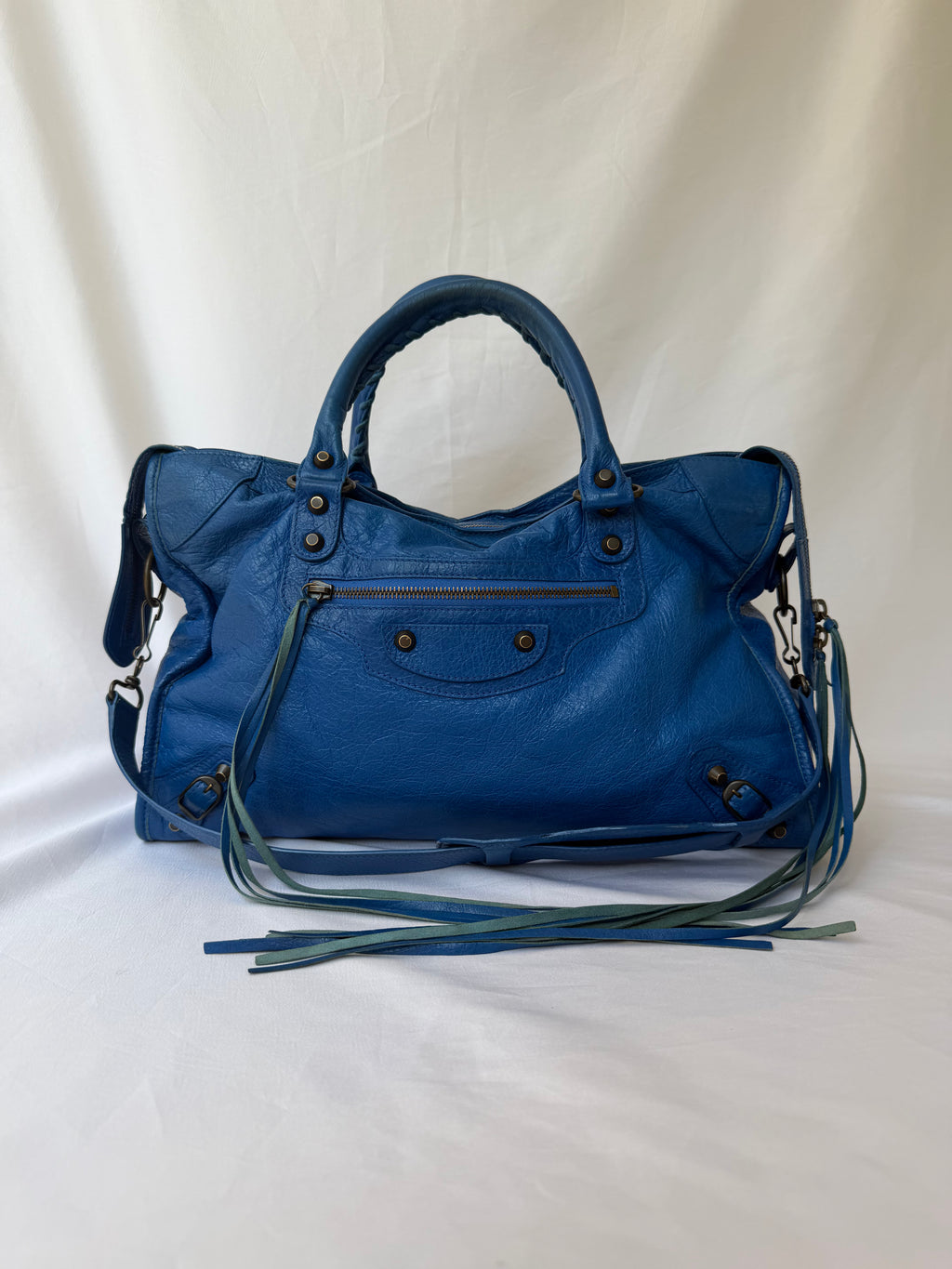 Balenciaga City Bag Medium in Blue Lambskin with Brass Hardware