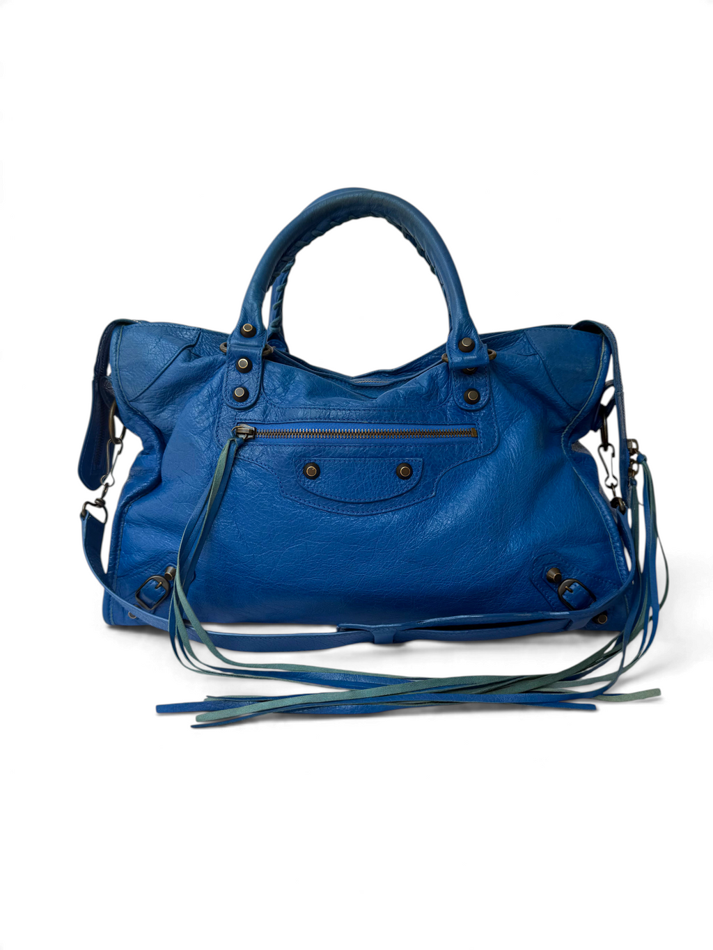 Balenciaga City Bag Medium S/S2015 in Blue Agneau Leather with Brass Hardware & Tassel