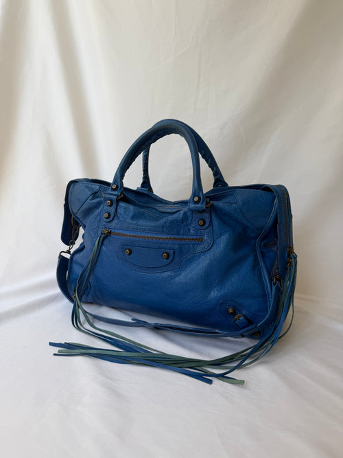 Balenciaga City Bag Medium in Blue Lambskin with Brass Hardware