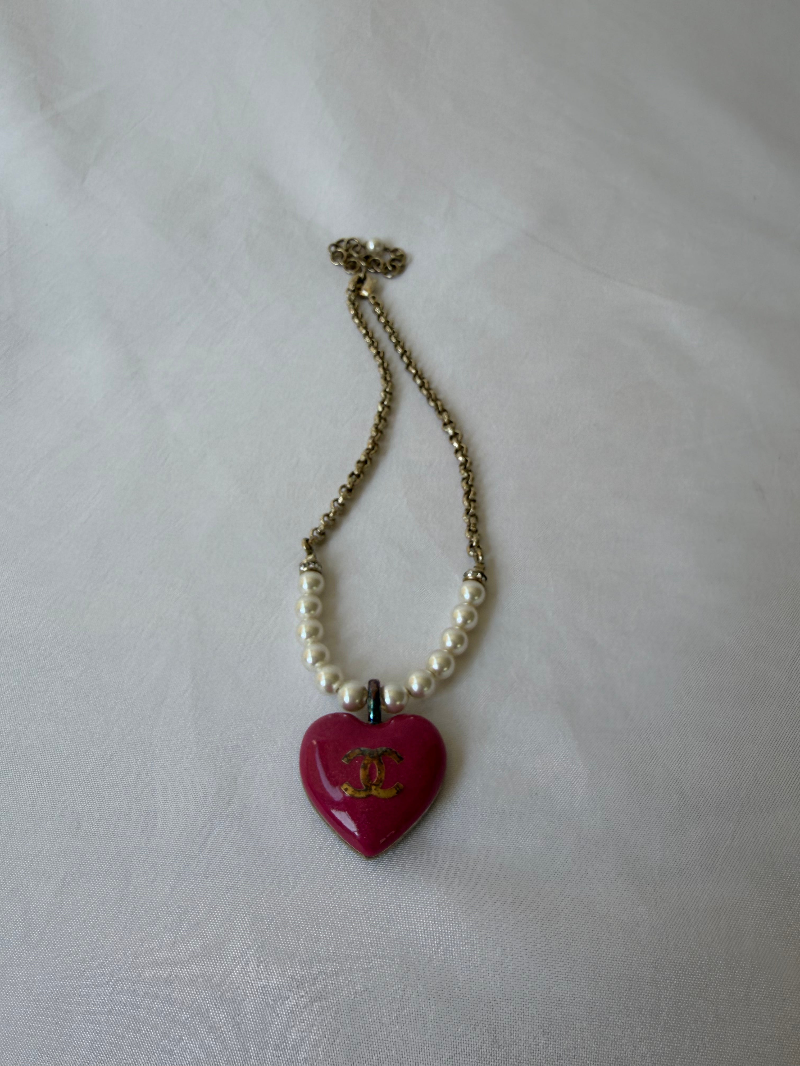 Chanel Pink Heart Pendant Necklace with Faux Pearl & Crystal, 2023