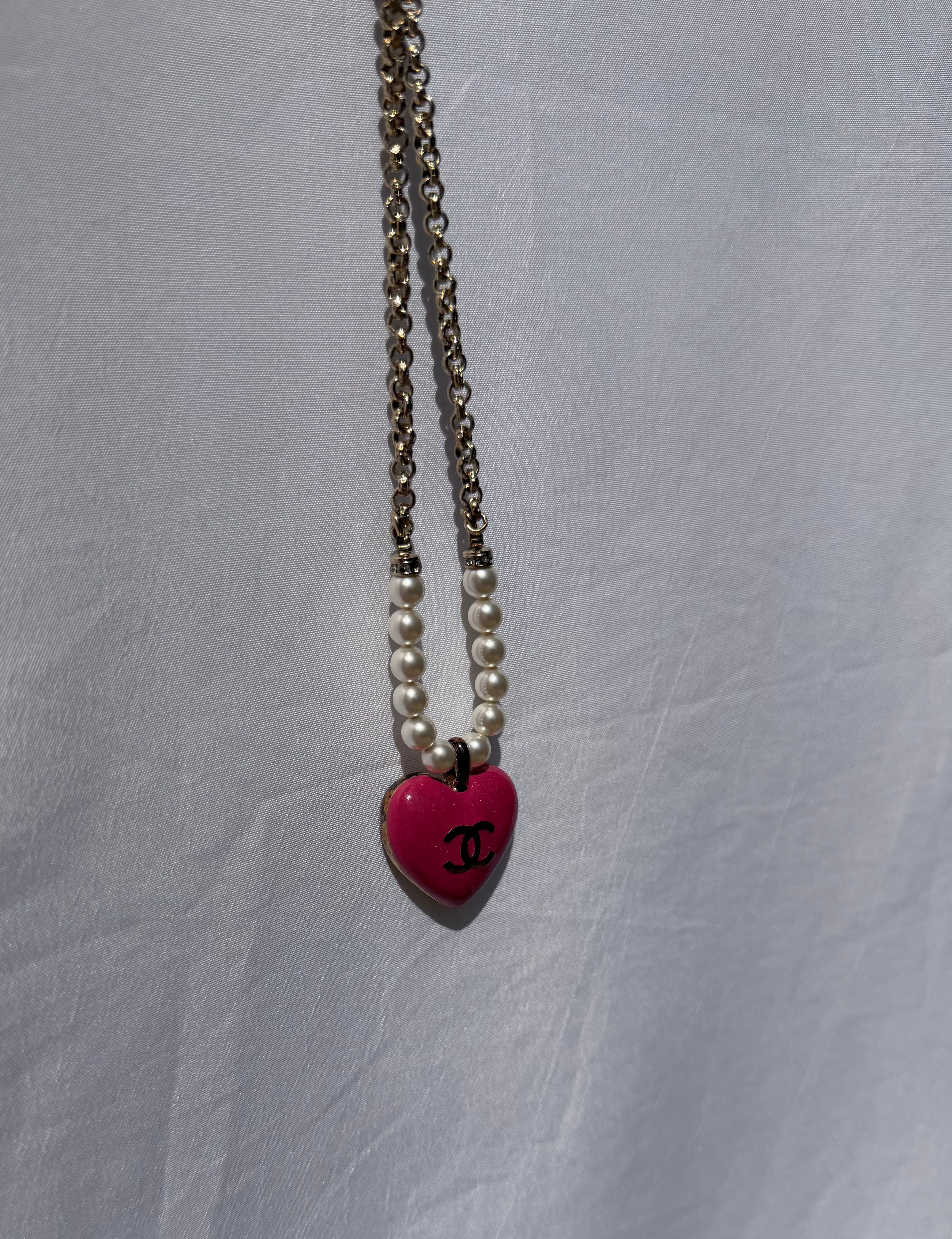 Chanel Pink Heart Pendant Necklace with Faux Pearl & Crystal, 2023