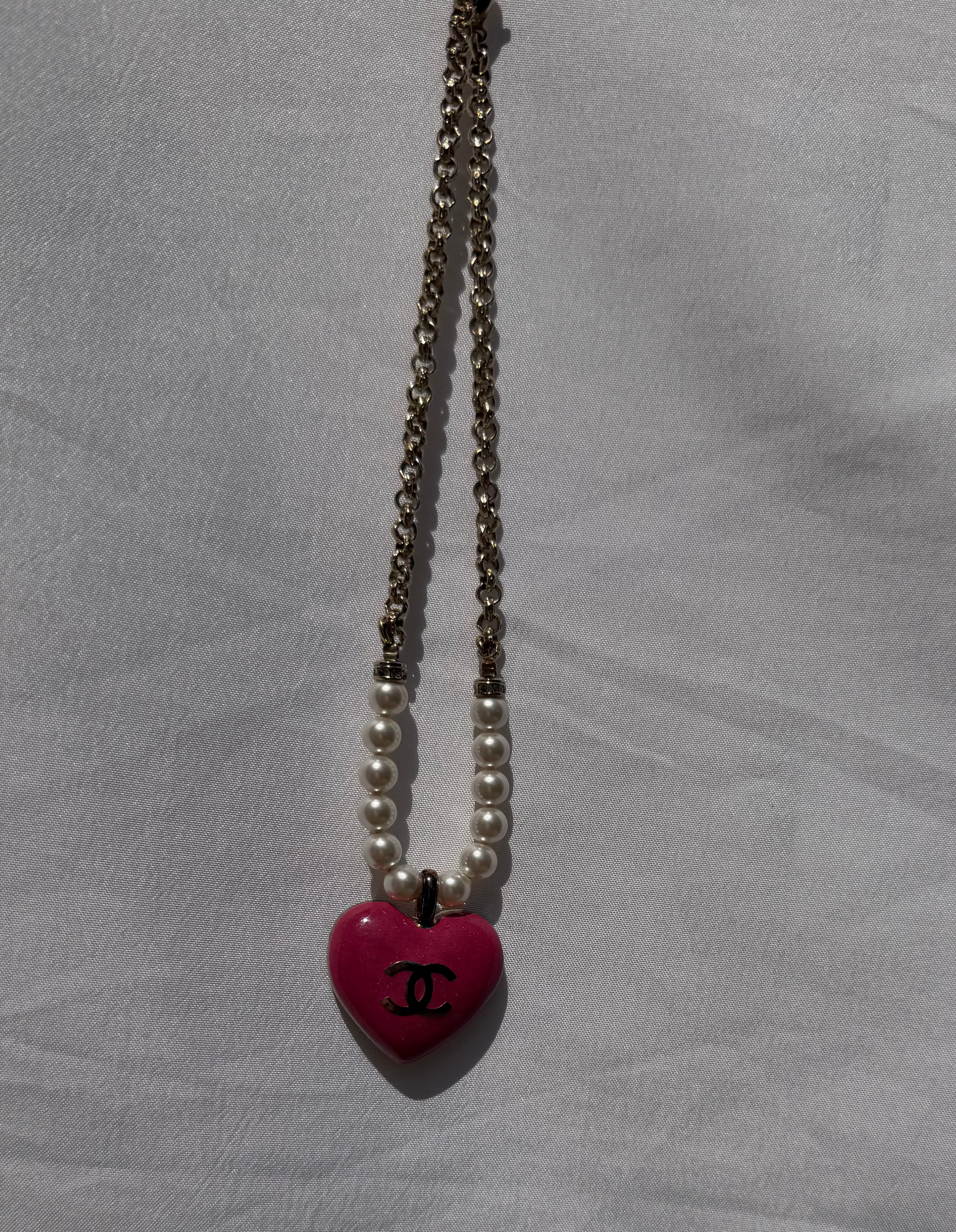 Chanel Pink Heart Pendant Necklace with Faux Pearl & Crystal, 2023