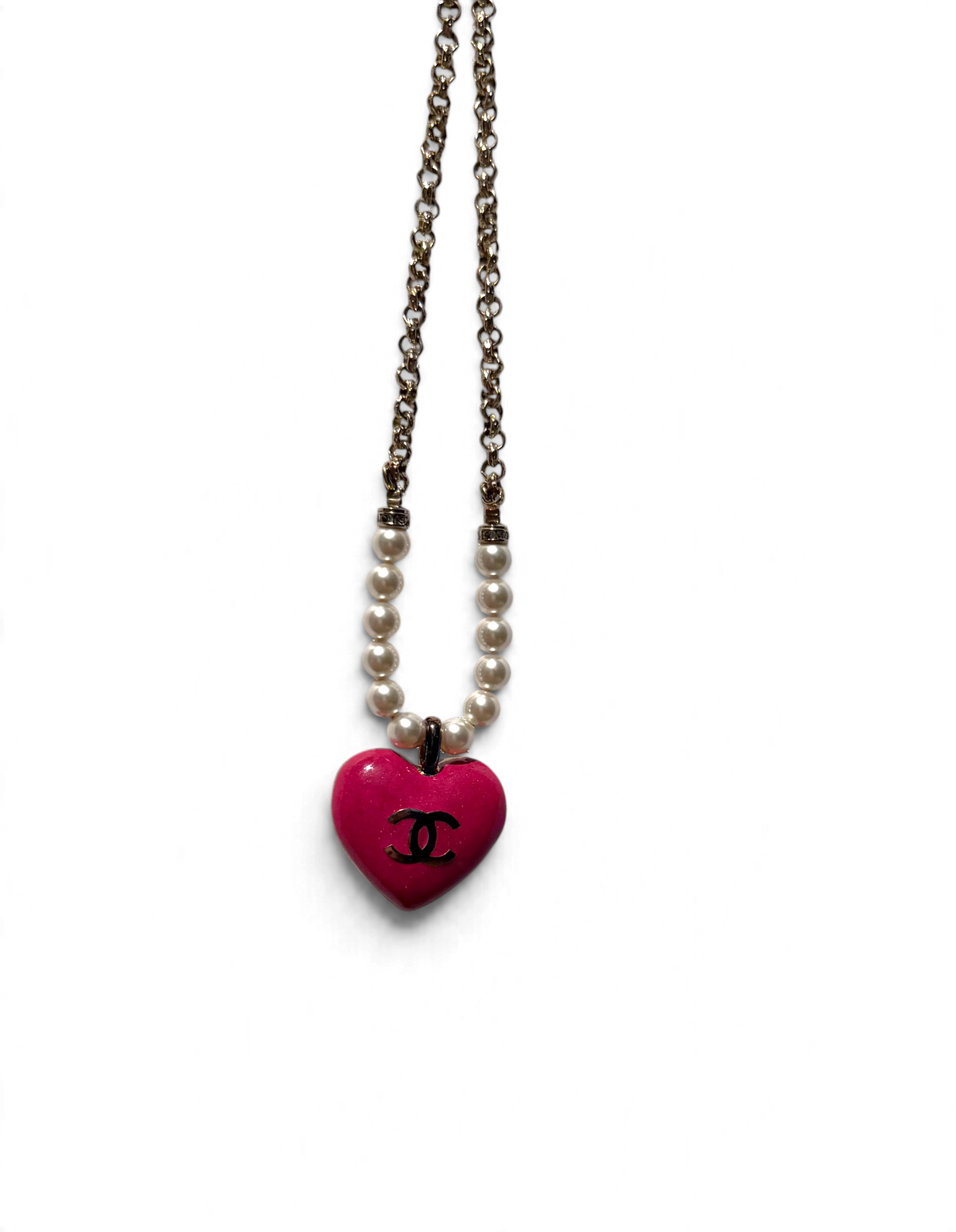 Chanel Pink Heart Pendant Necklace with Faux Pearl & Crystal, 2023
