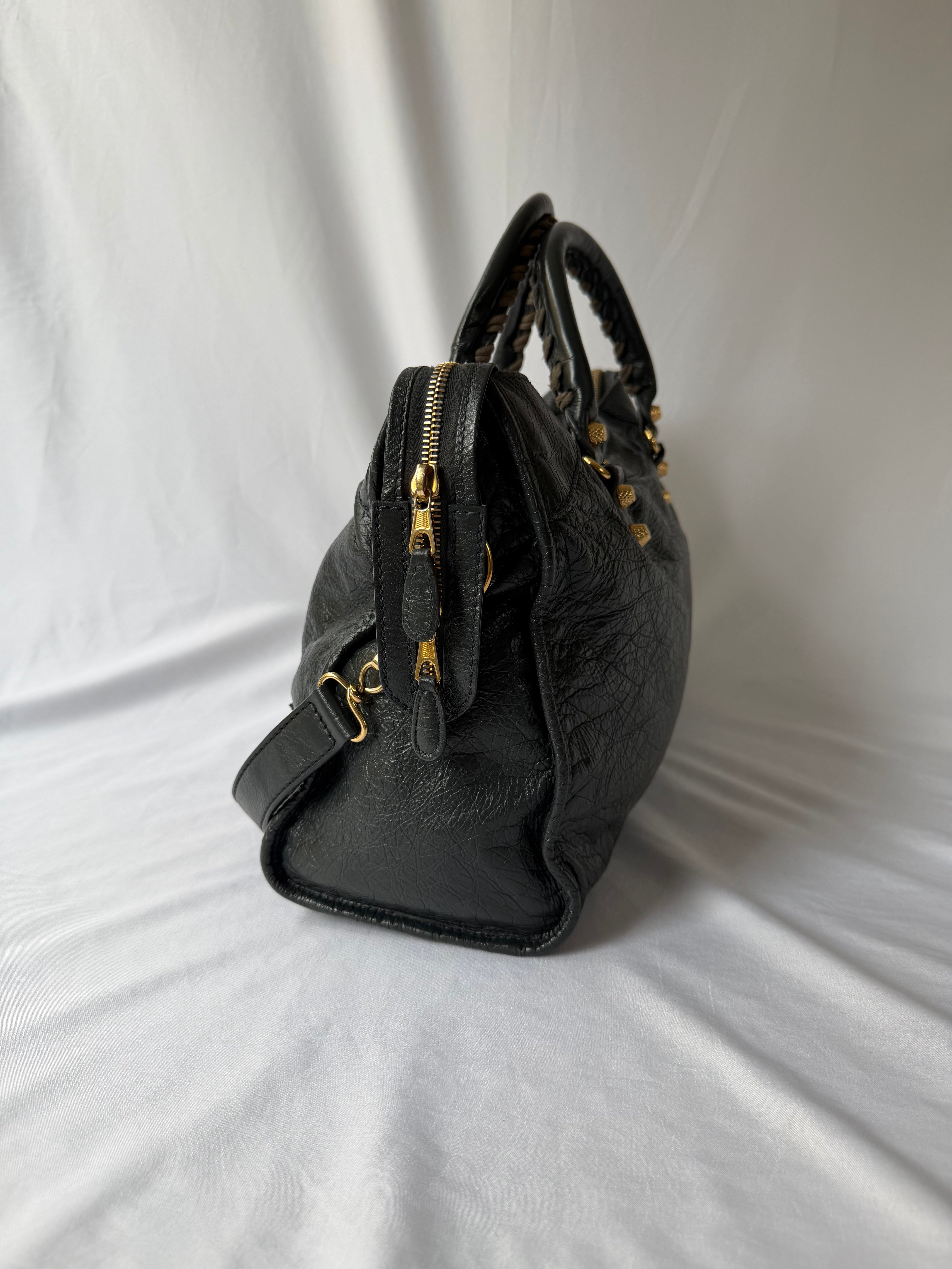 Balenciaga City Bag Medium in Dark Grey Lambskin with textured gold hardware
