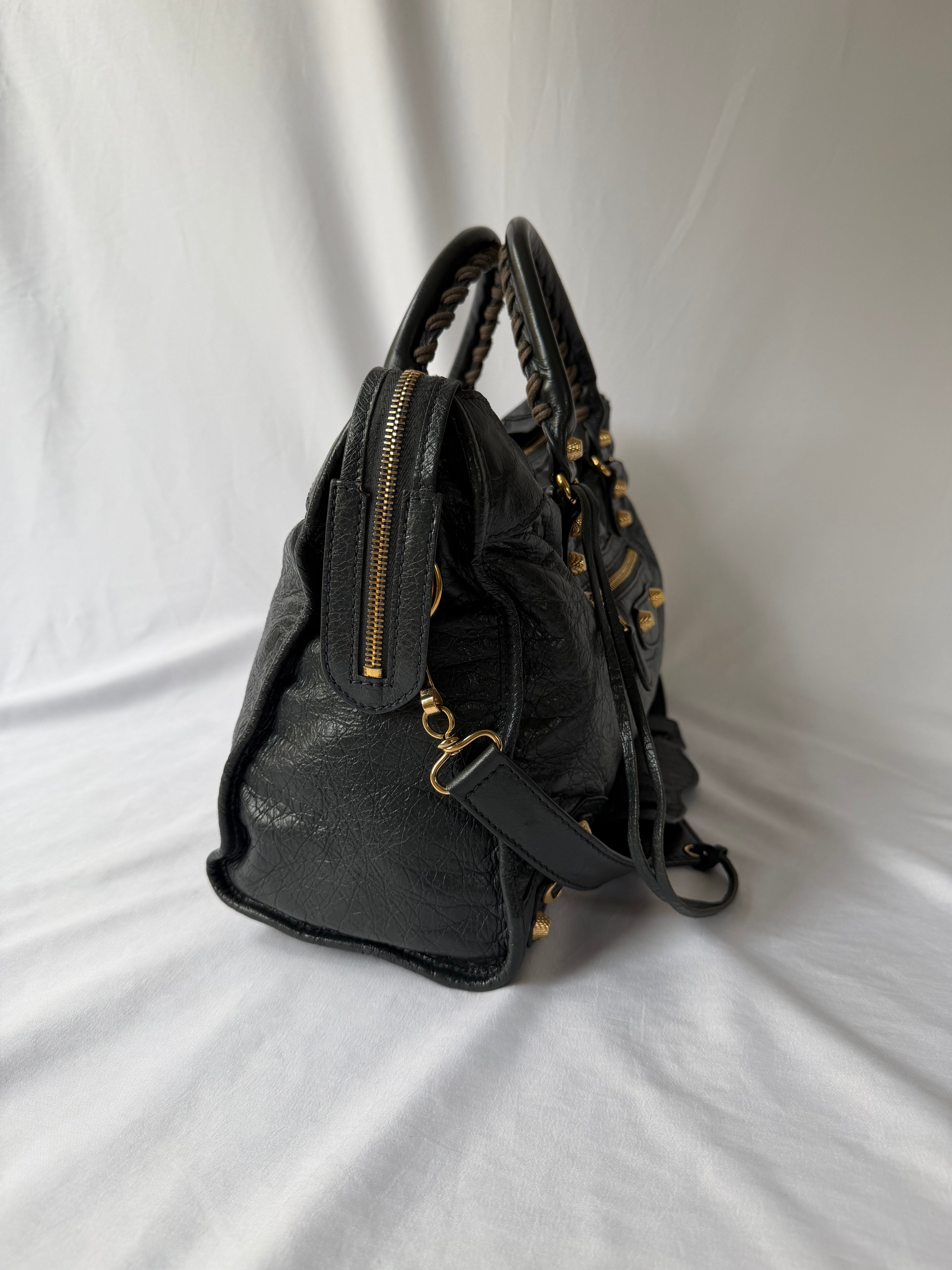 Balenciaga City Bag Medium in Dark Grey Lambskin with textured gold hardware