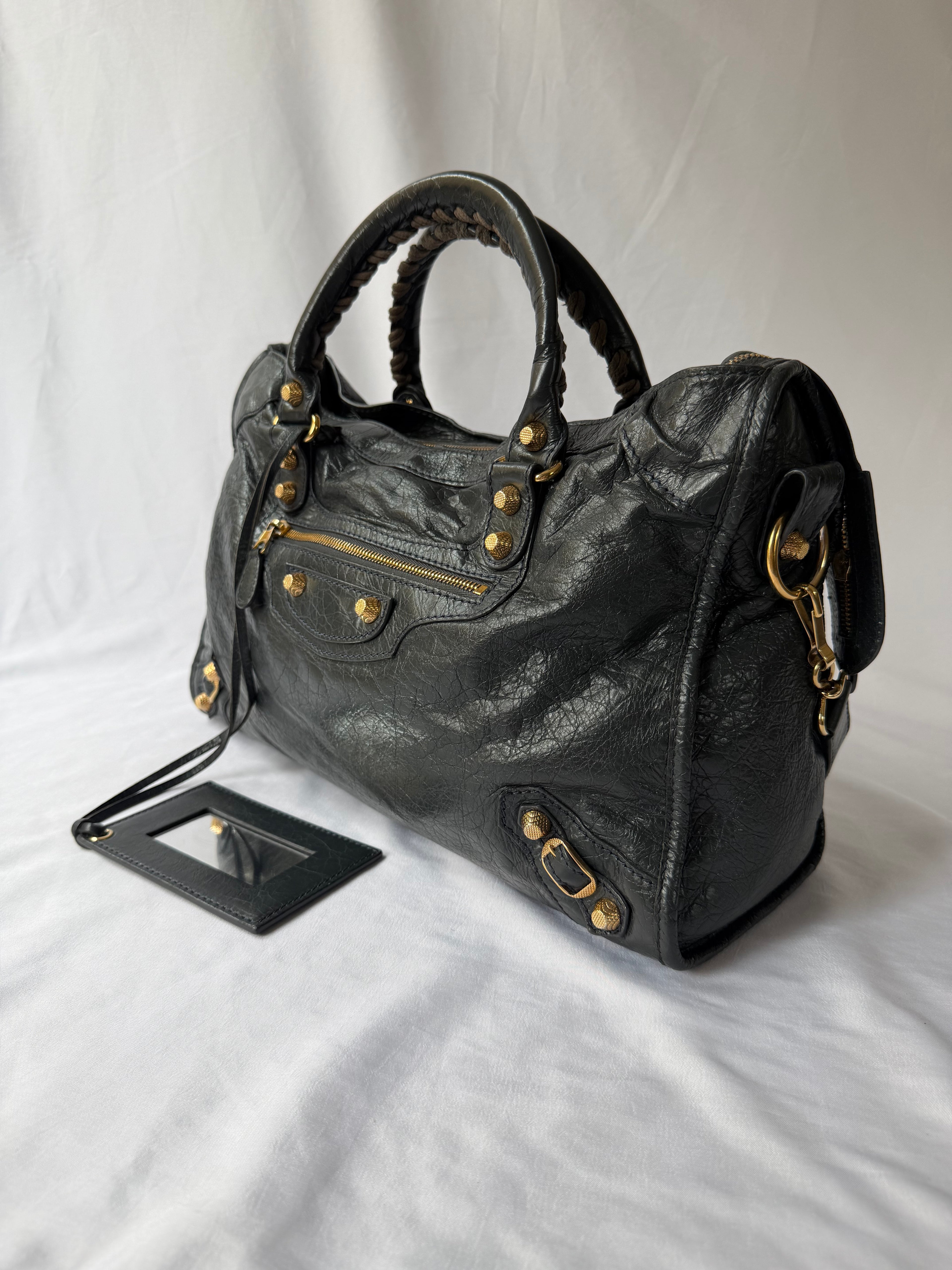 Balenciaga City Bag Medium in Dark Grey Lambskin with textured gold hardware