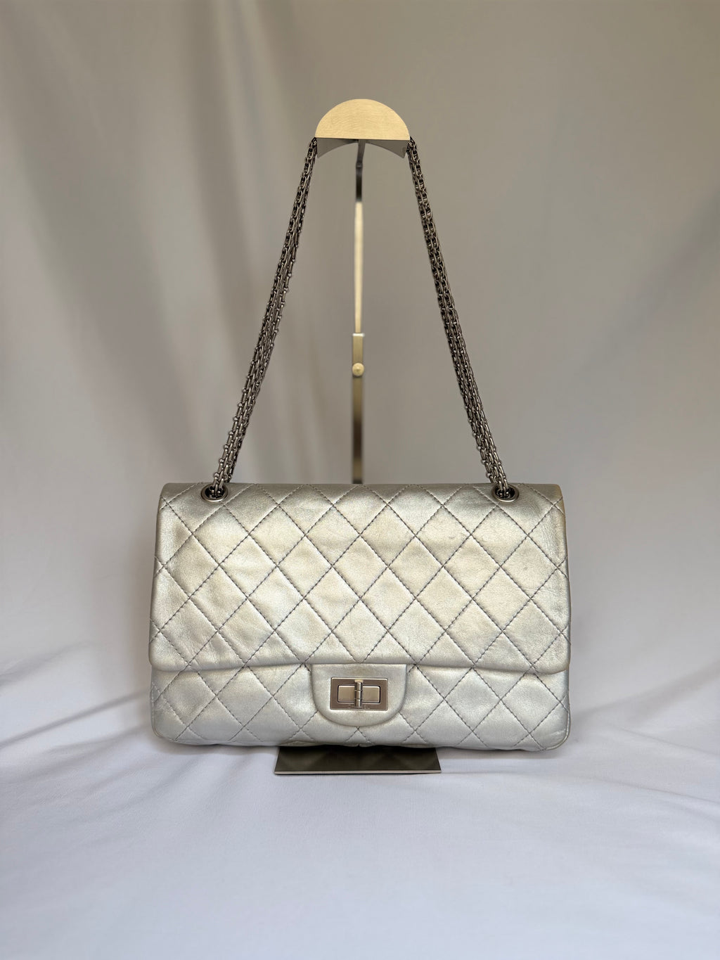 Chanel 2.55 Reissue Double Flap Bag Large in Silver Metallic Calfskin