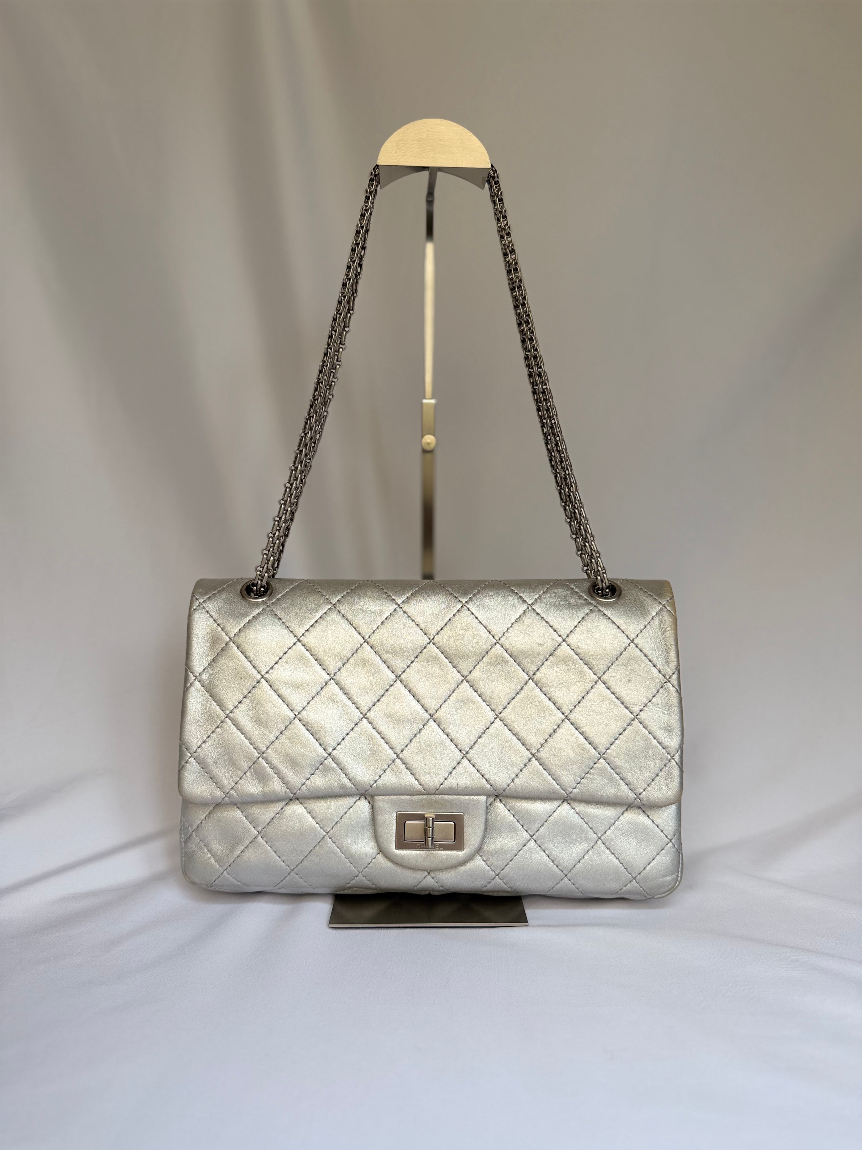 Chanel 2.55 Reissue Double Flap Bag Large in Silver Metallic Calfskin