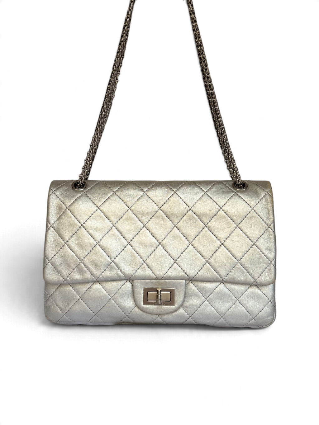 Chanel 2.55 Reissue Double Flap Bag Large in Silver Metallic Calfskin