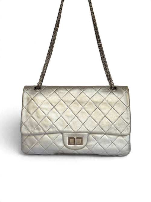 Chanel 2.55 Reissue Double Flap Bag Large in Silver Metallic Calfskin