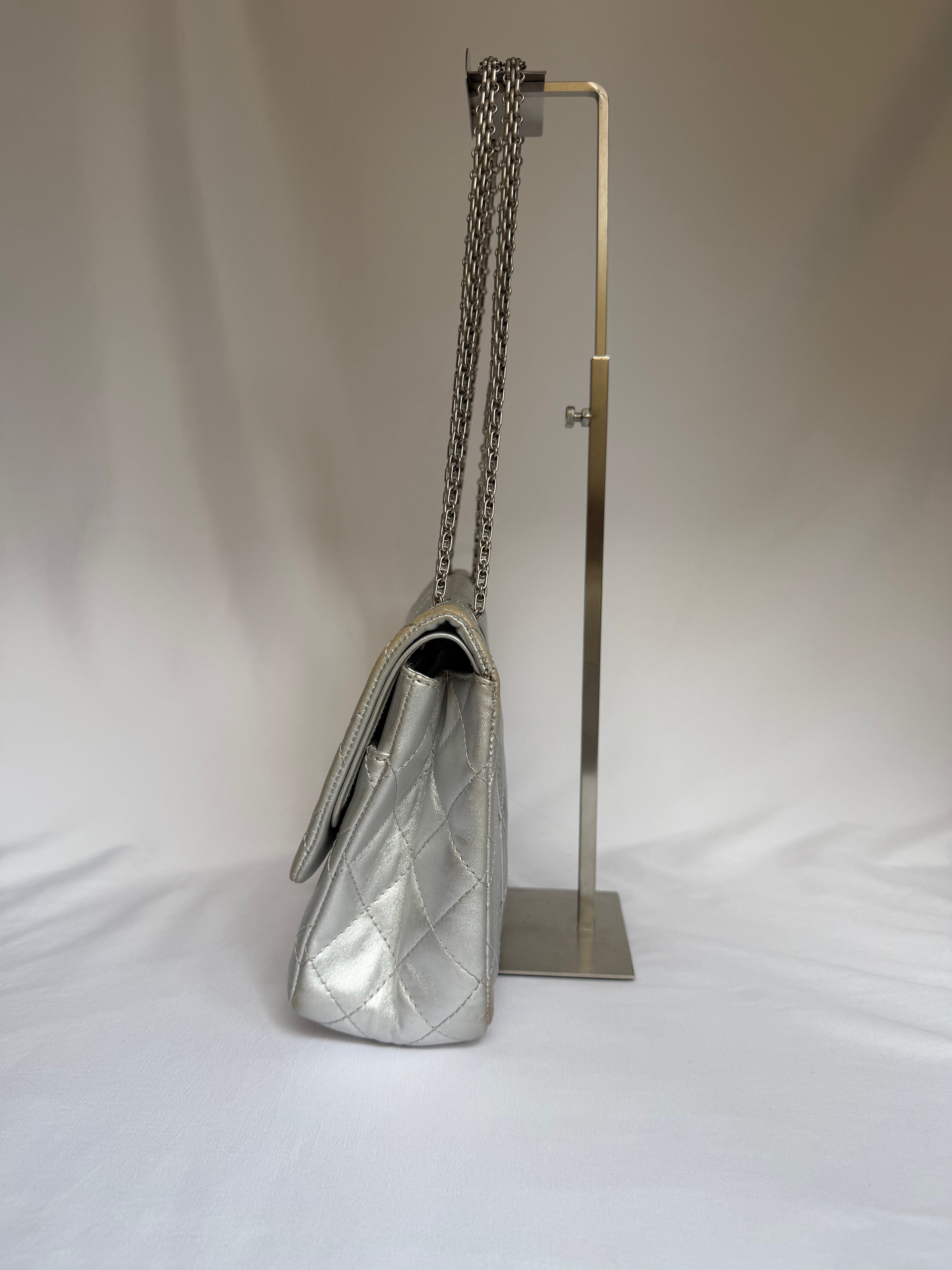 Chanel 2.55 Reissue Double Flap Bag Large in Silver Metallic Calfskin