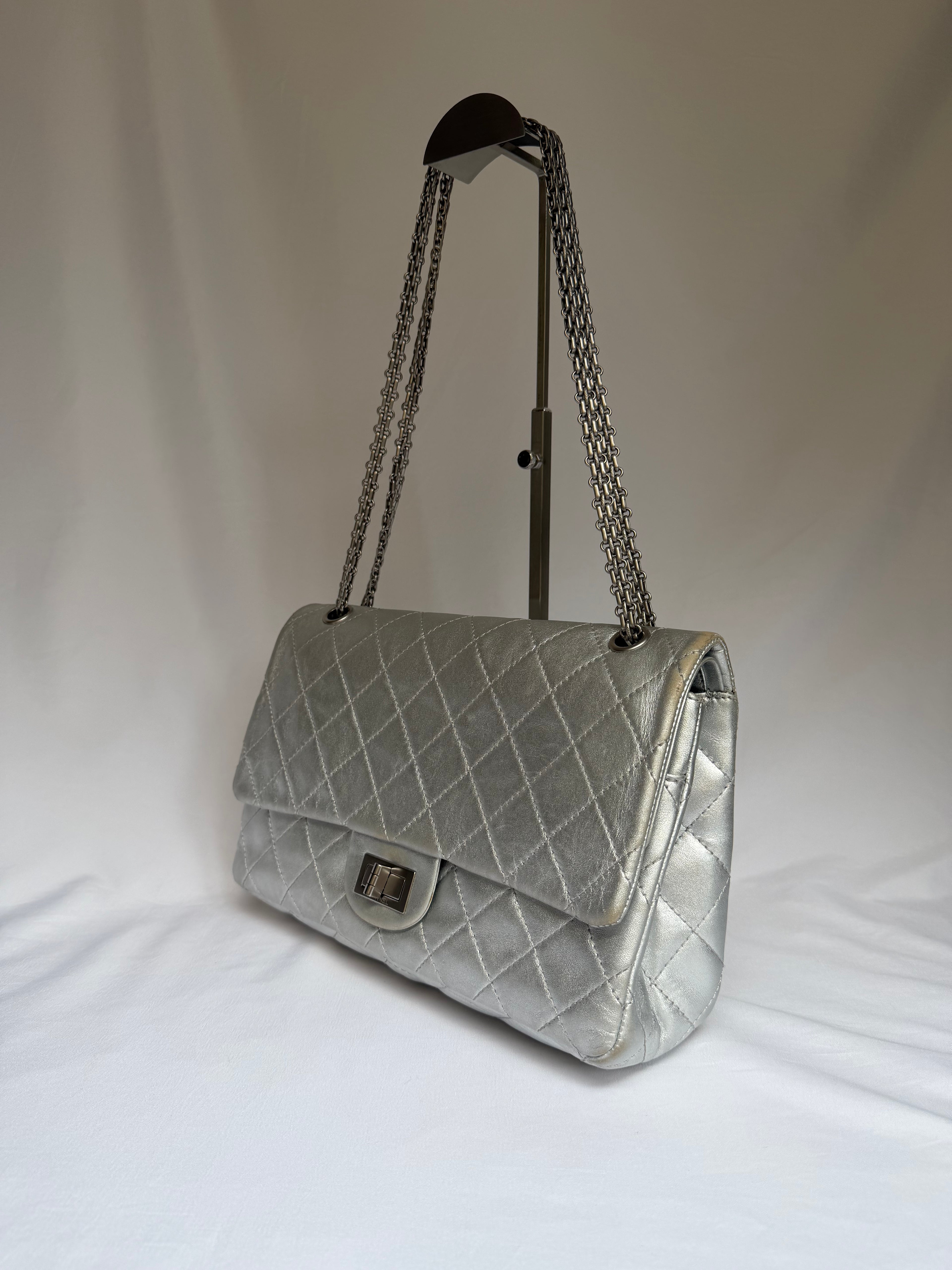 Chanel 2.55 Reissue Double Flap Bag Large in Silver Metallic Calfskin